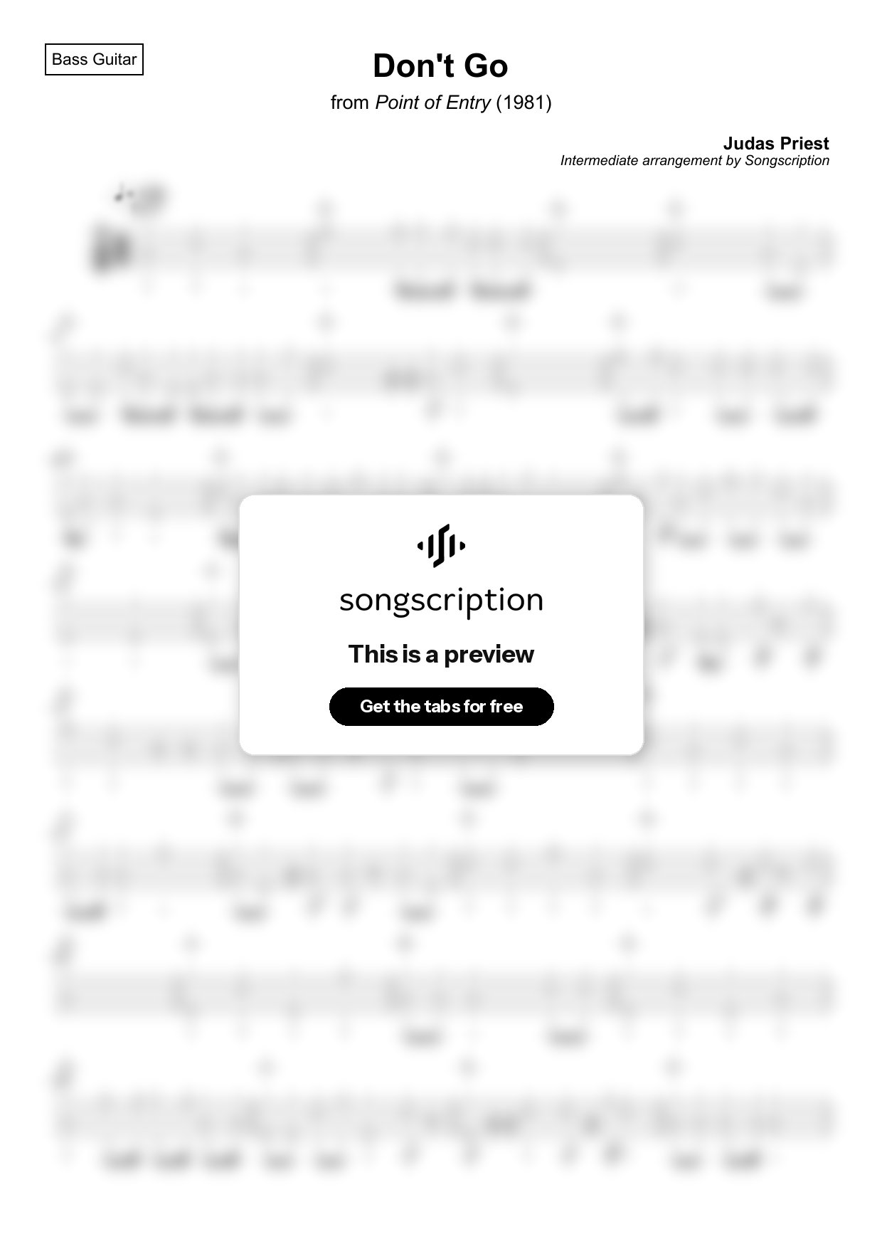 Intermediate Bass Guitar Tabs for "Don't Go" by Judas Priest