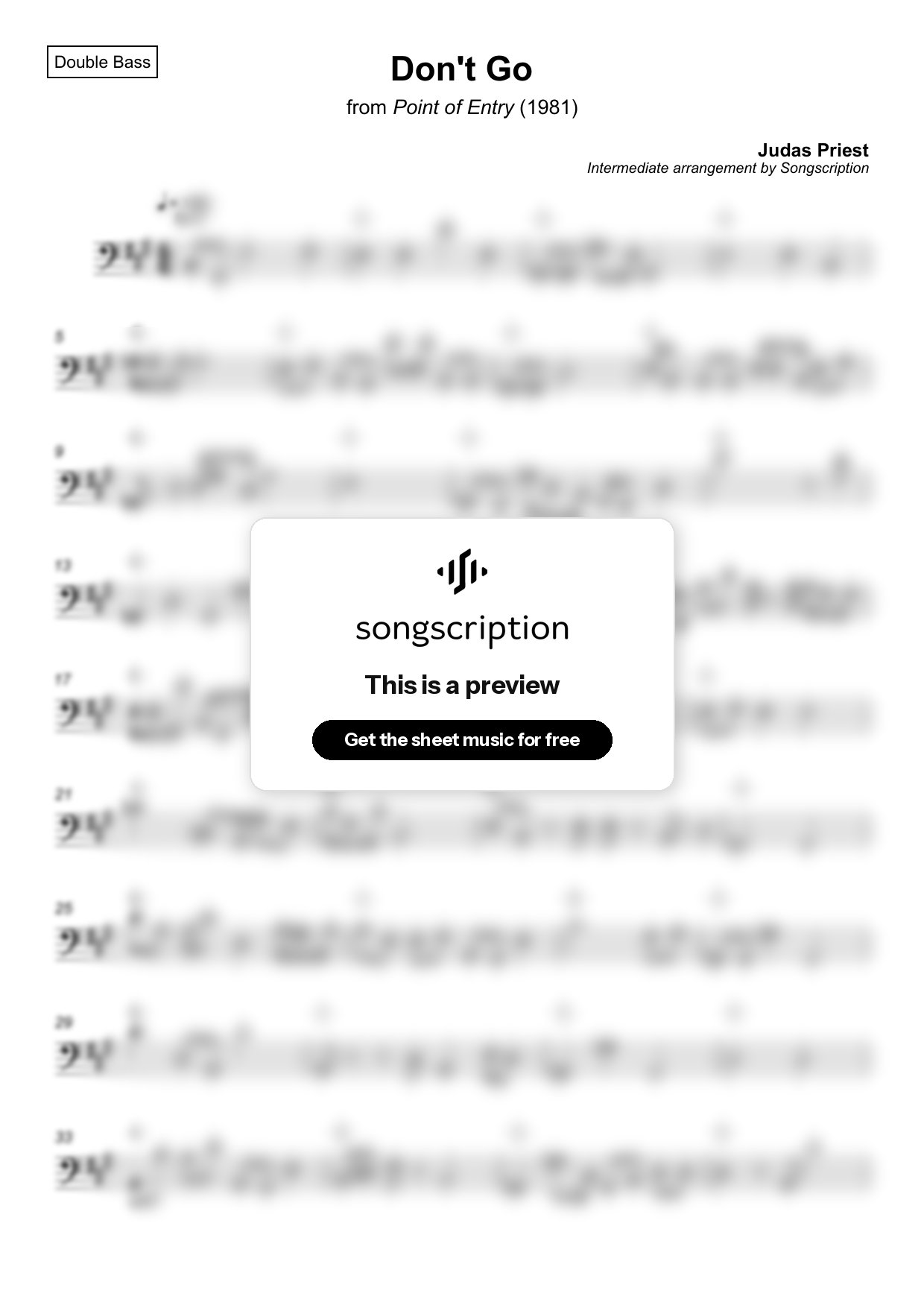 Intermediate Double Bass Sheet Music for "Don't Go" by Judas Priest