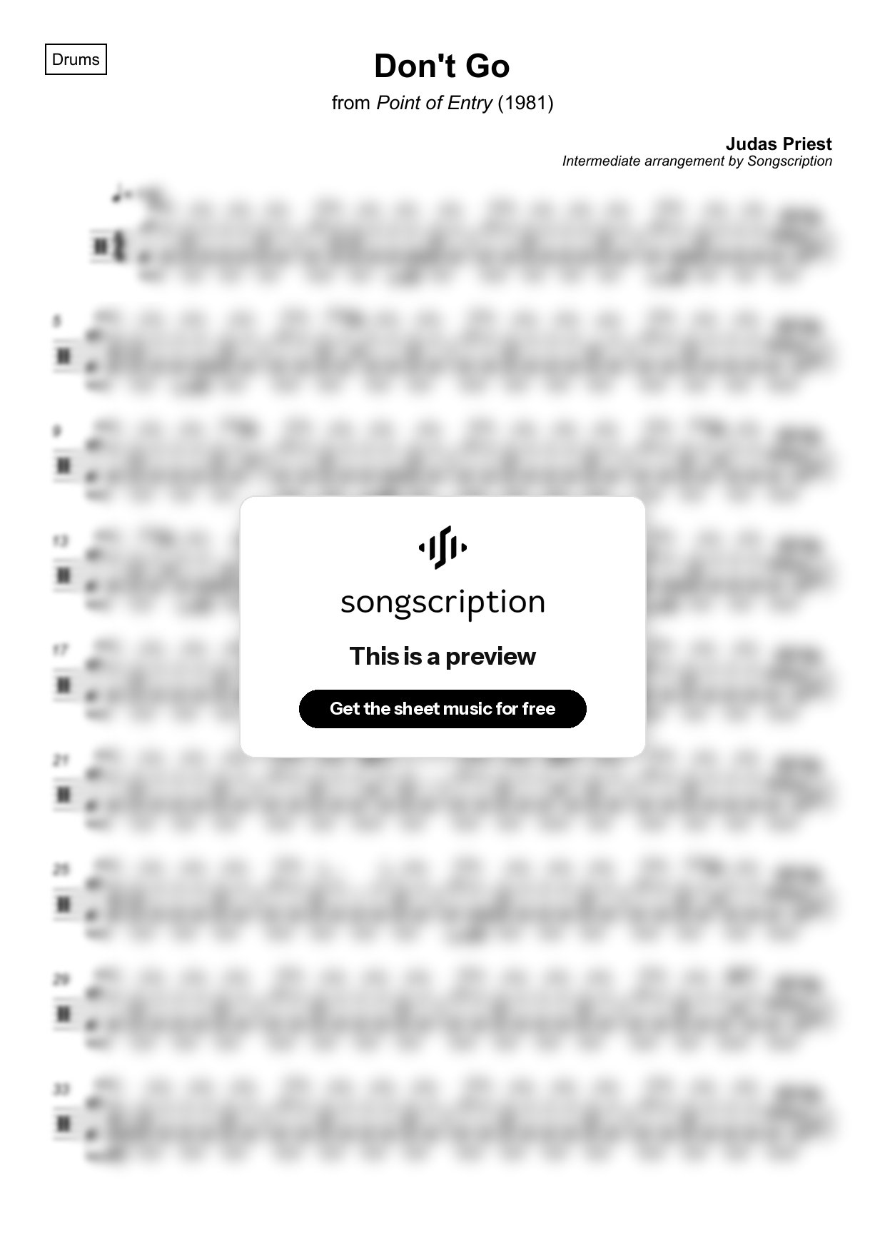 Intermediate Drums Sheet Music for "Don't Go" by Judas Priest