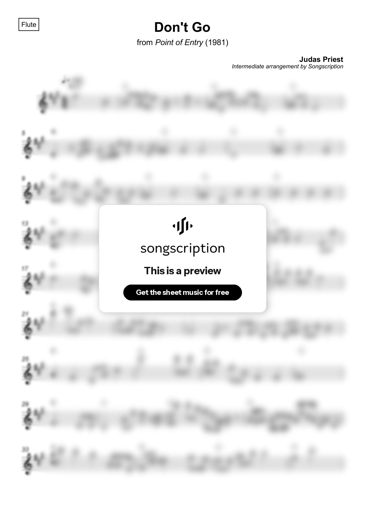 Intermediate Flute Sheet Music for "Don't Go" by Judas Priest