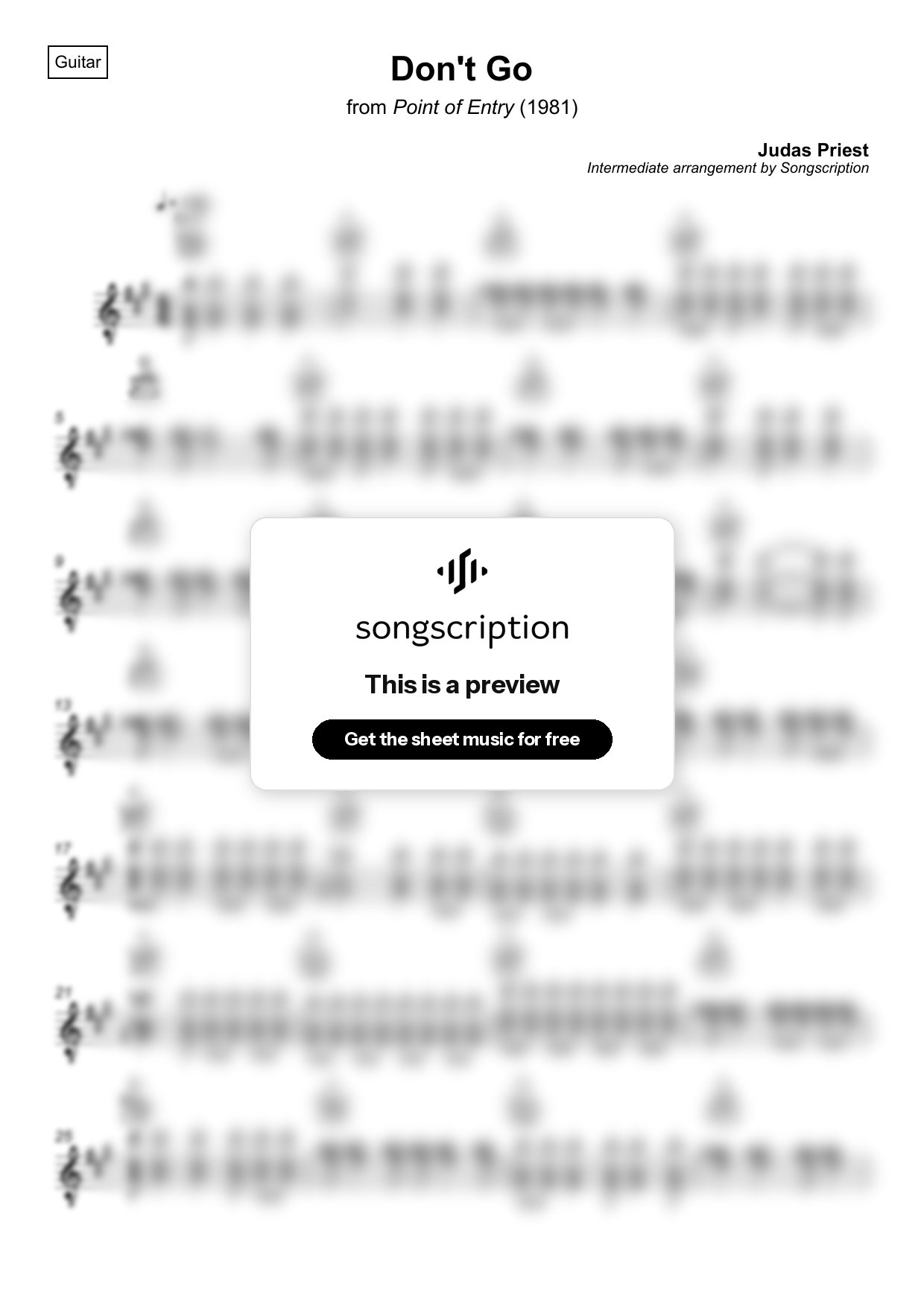 Intermediate Acoustic Guitar Sheet Music for "Don't Go" by Judas Priest