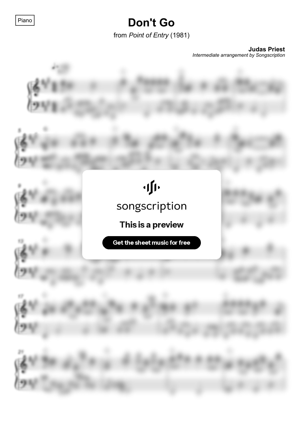 Intermediate Piano Sheet Music for "Don't Go" by Judas Priest