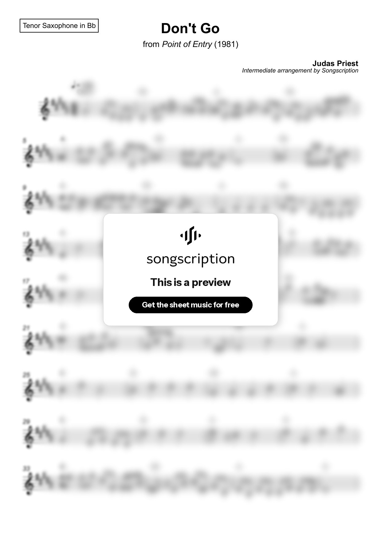 Intermediate Tenor Sax Sheet Music for "Don't Go" by Judas Priest