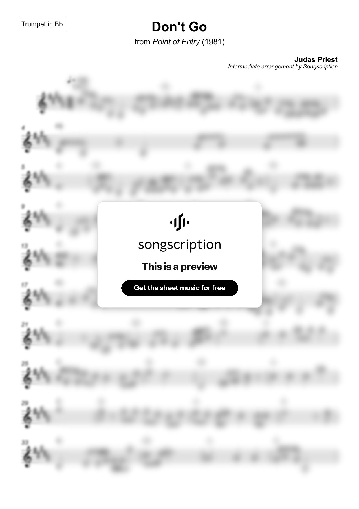 Intermediate Trumpet Sheet Music for "Don't Go" by Judas Priest