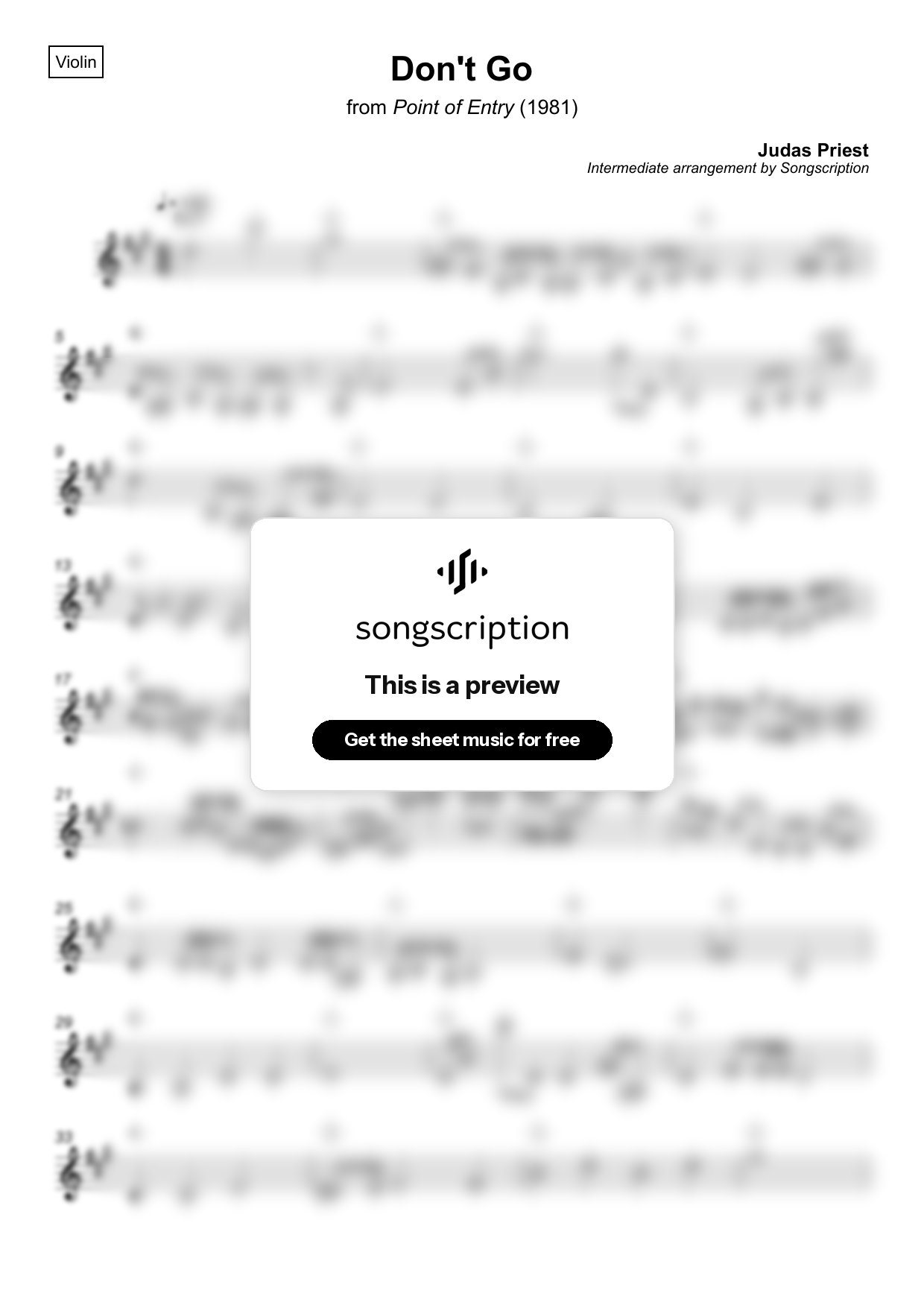 Intermediate Violin Sheet Music for "Don't Go" by Judas Priest