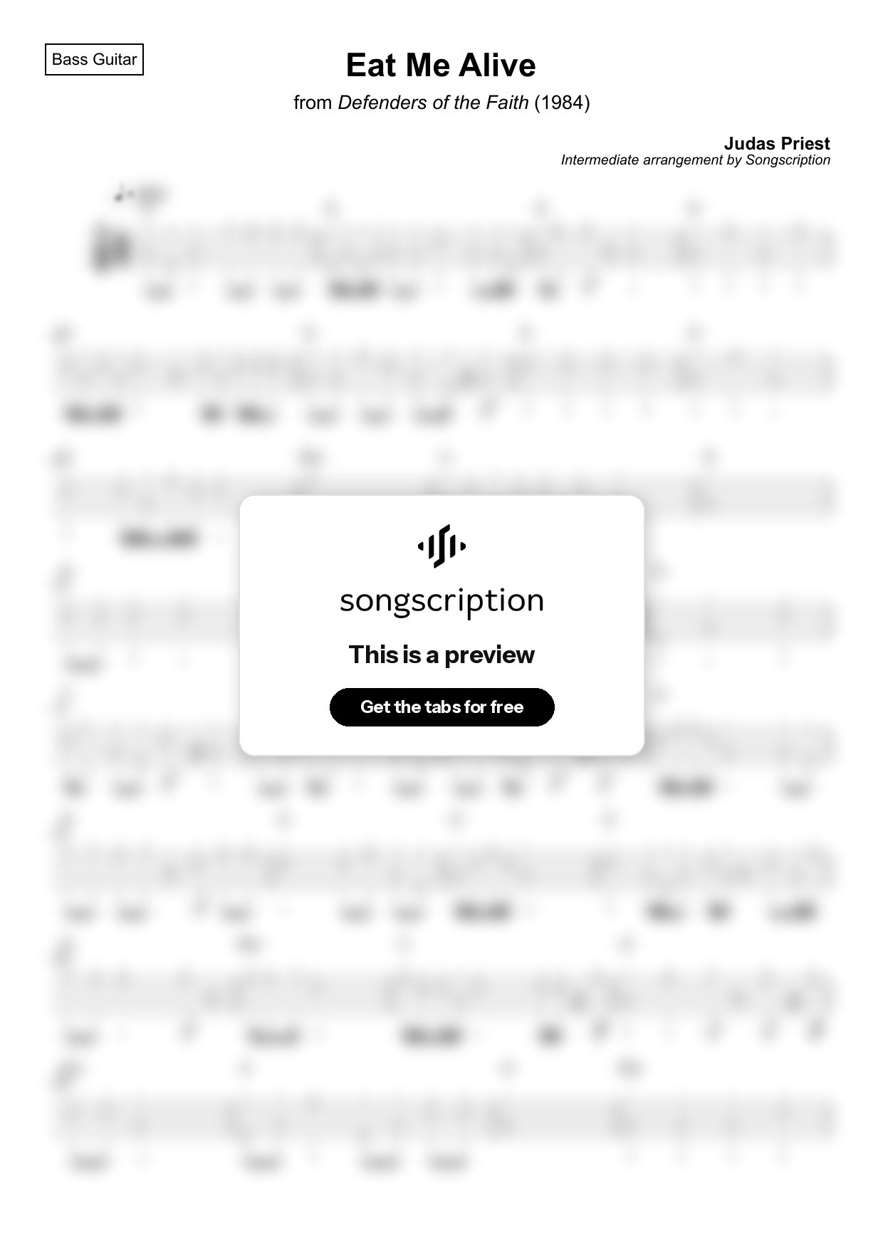 Intermediate Bass Guitar Tabs for "Eat Me Alive" by Judas Priest