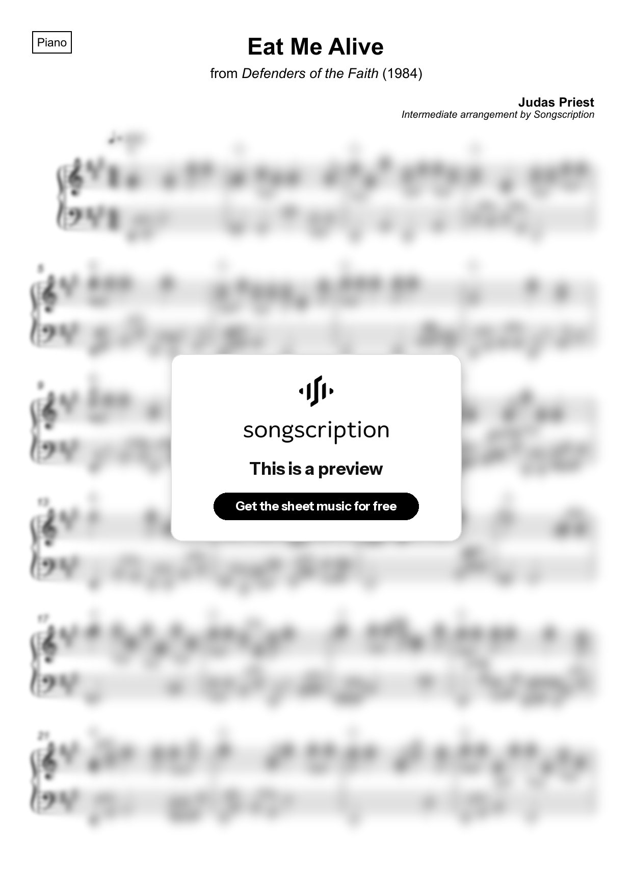 Intermediate Piano Sheet Music for "Eat Me Alive" by Judas Priest