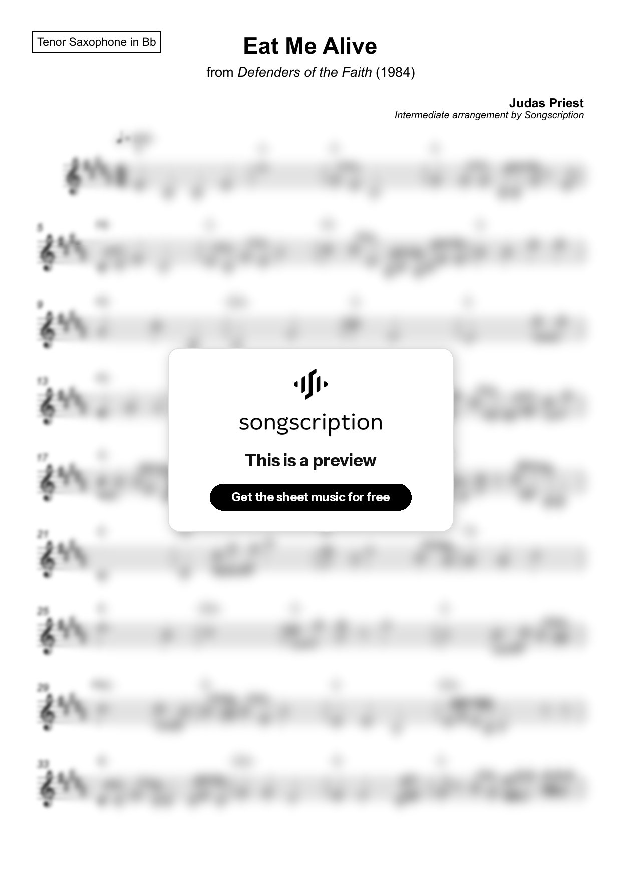 Intermediate Tenor Sax Sheet Music for "Eat Me Alive" by Judas Priest
