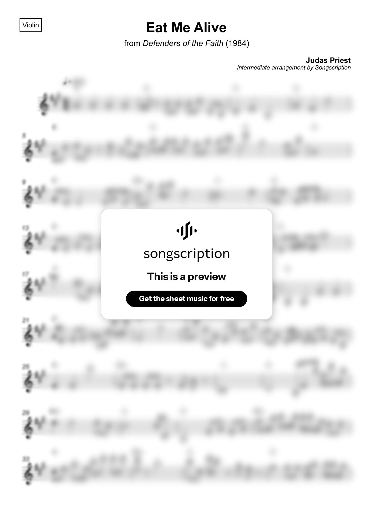 Intermediate Violin Sheet Music for "Eat Me Alive" by Judas Priest