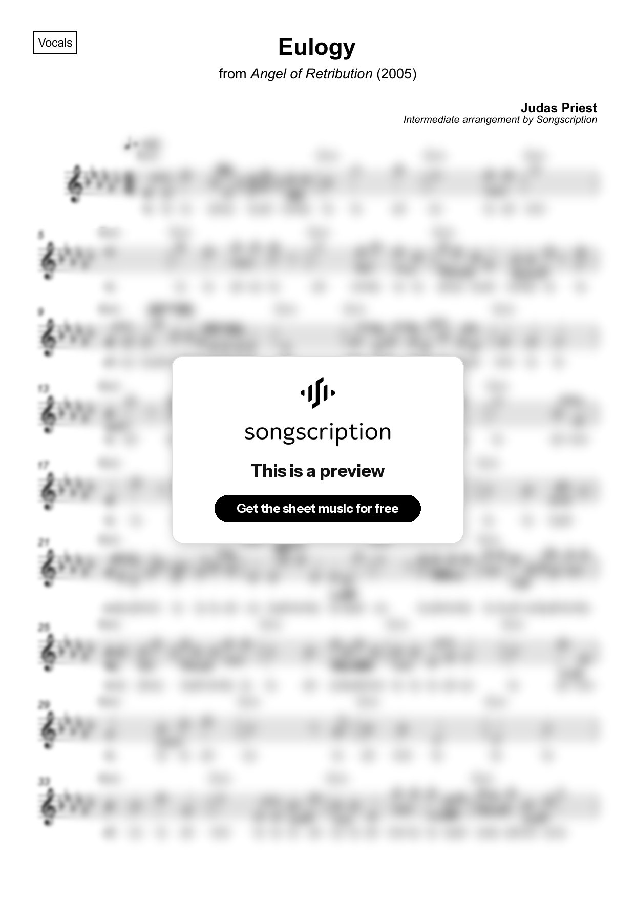 Intermediate Vocals Sheet Music for "Eulogy" by Judas Priest