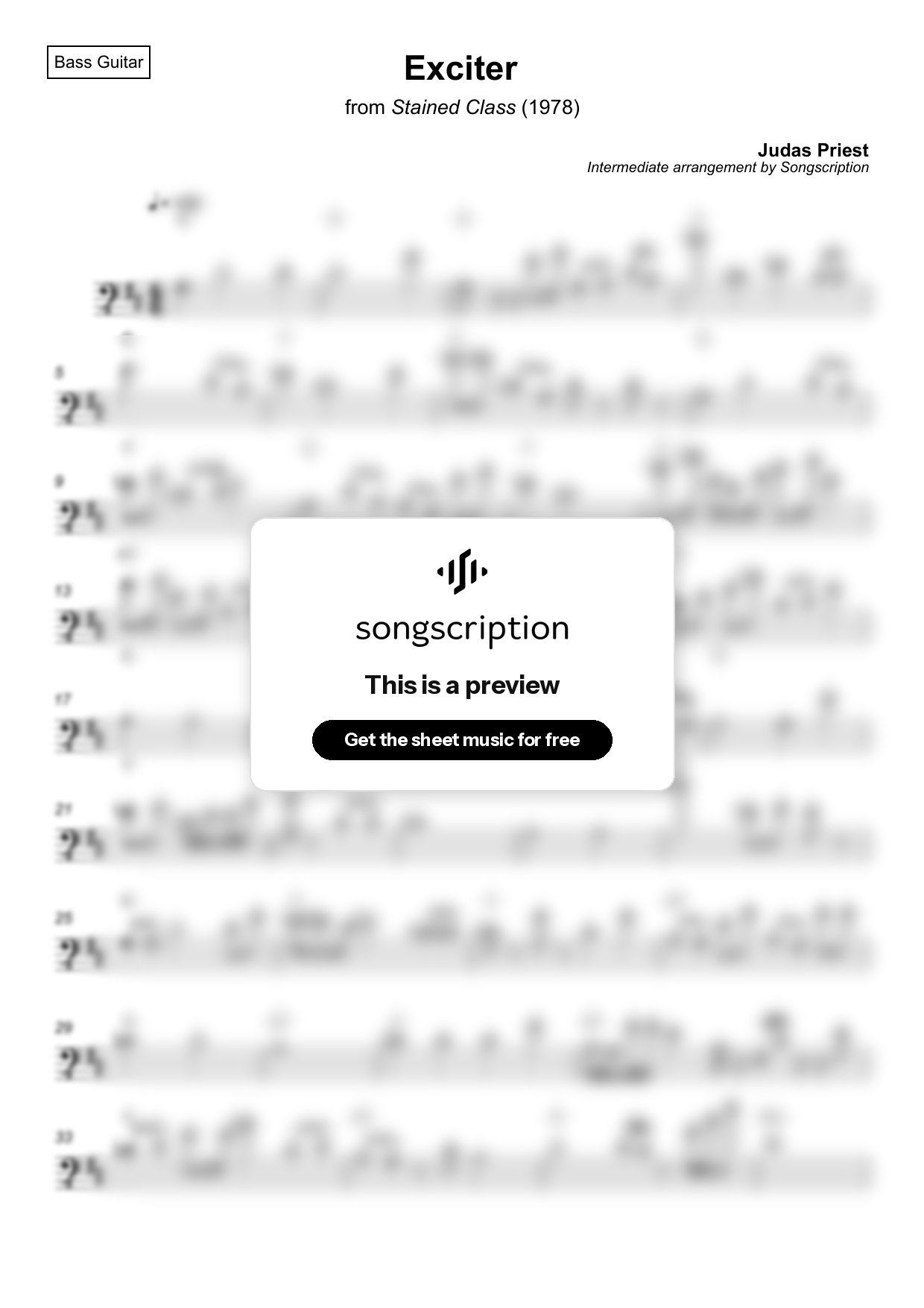 Intermediate Bass Guitar Sheet Music for "Exciter" by Judas Priest