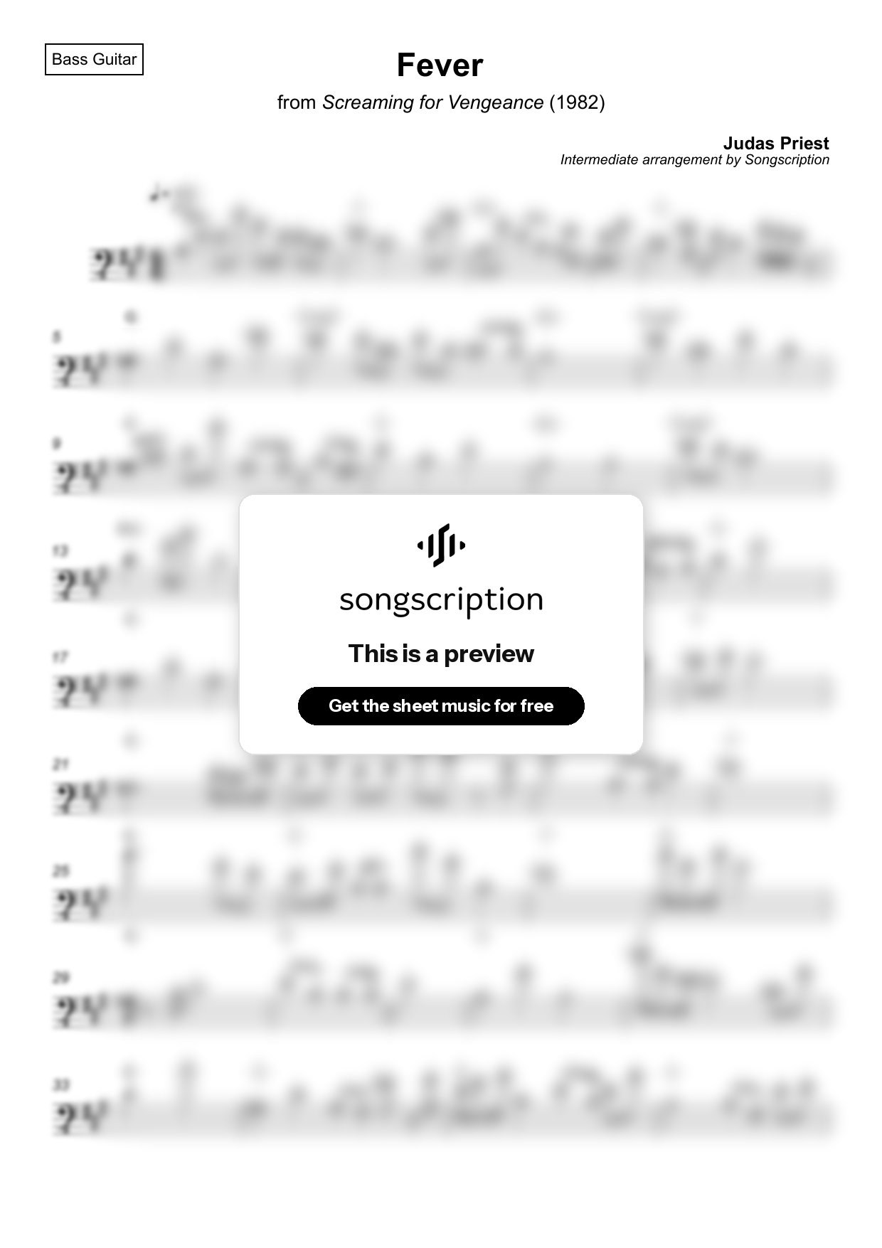 Intermediate Bass Guitar Sheet Music for "Fever" by Judas Priest