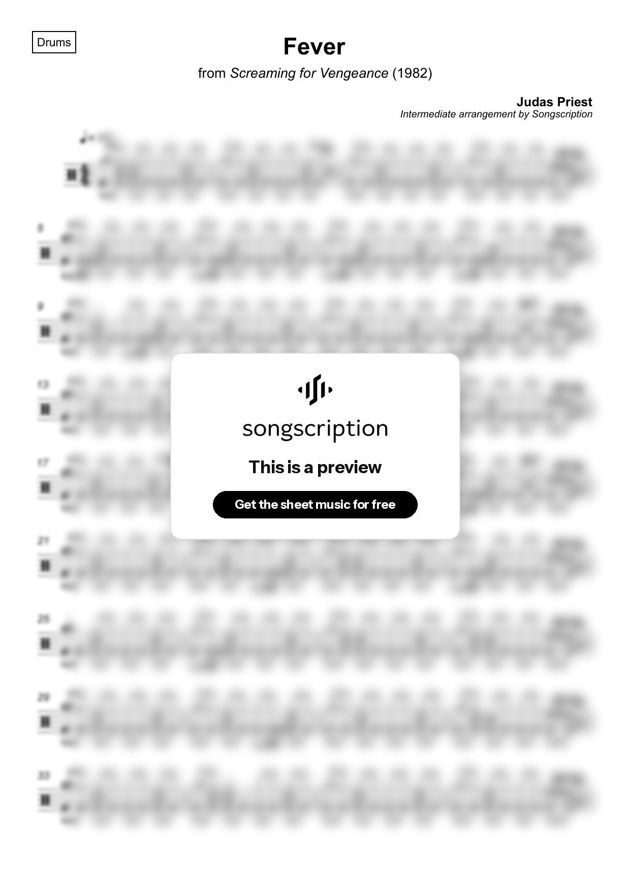 Intermediate Drums Sheet Music for "Fever" by Judas Priest