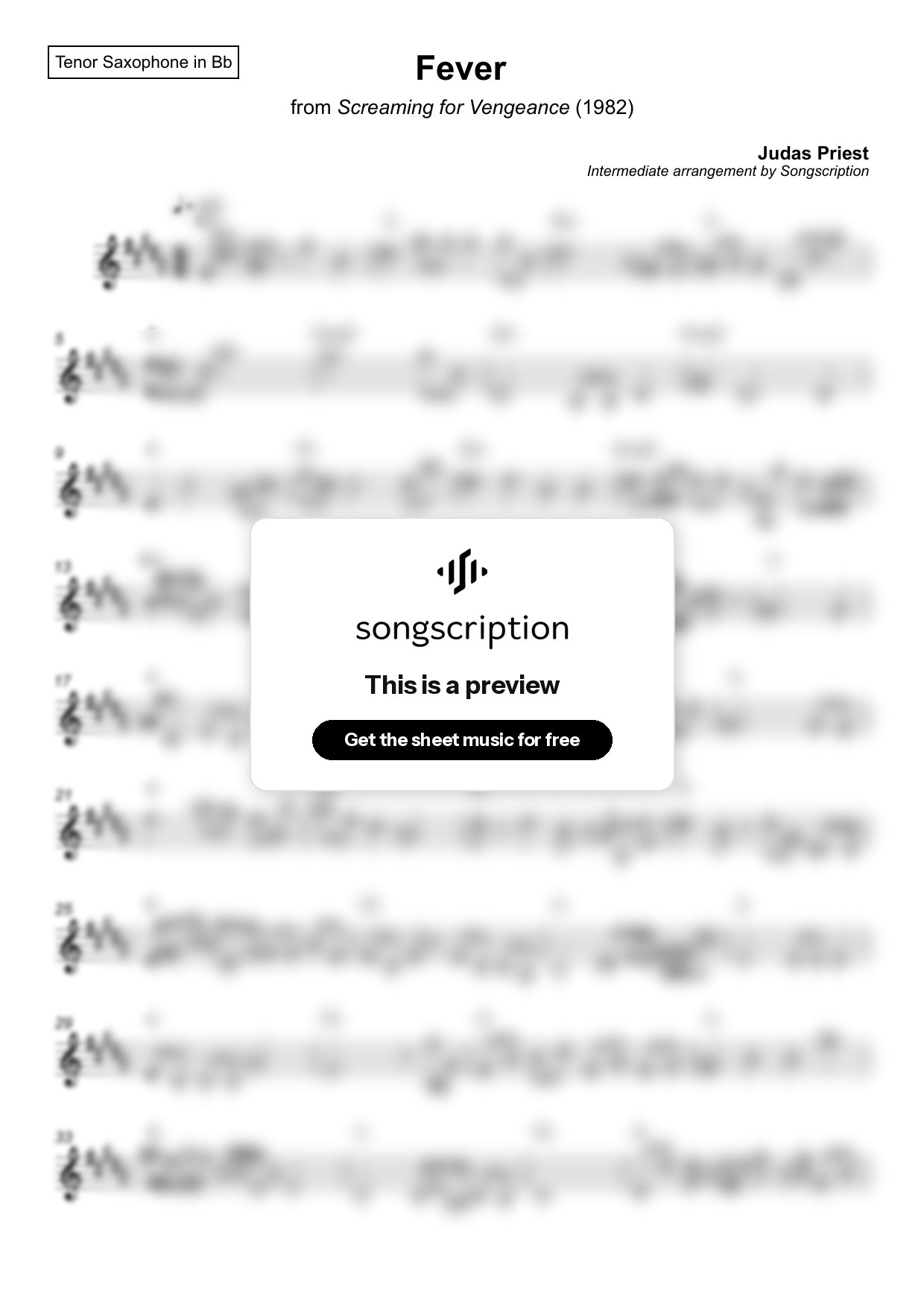 Intermediate Tenor Sax Sheet Music for "Fever" by Judas Priest