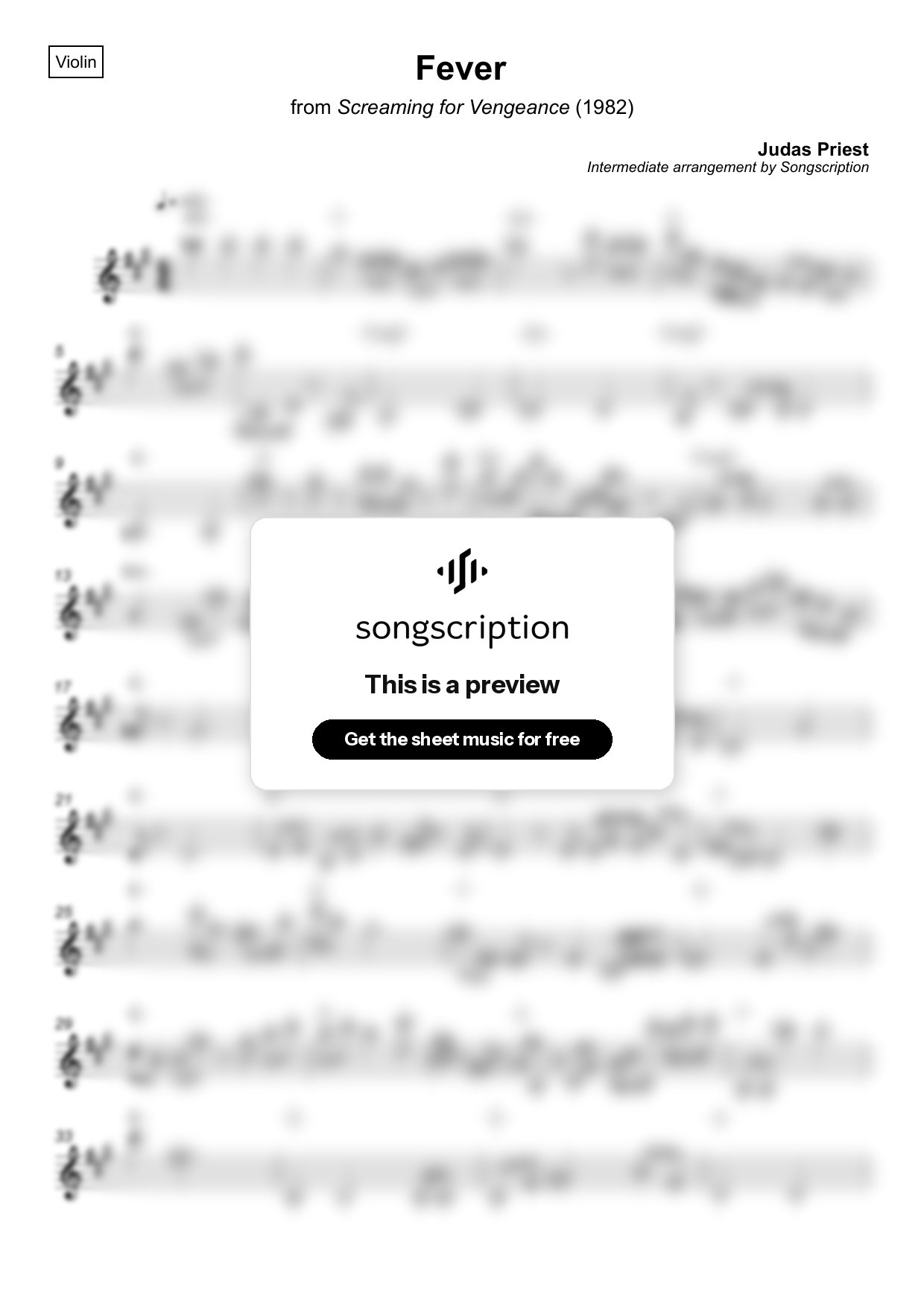 Intermediate Violin Sheet Music for "Fever" by Judas Priest