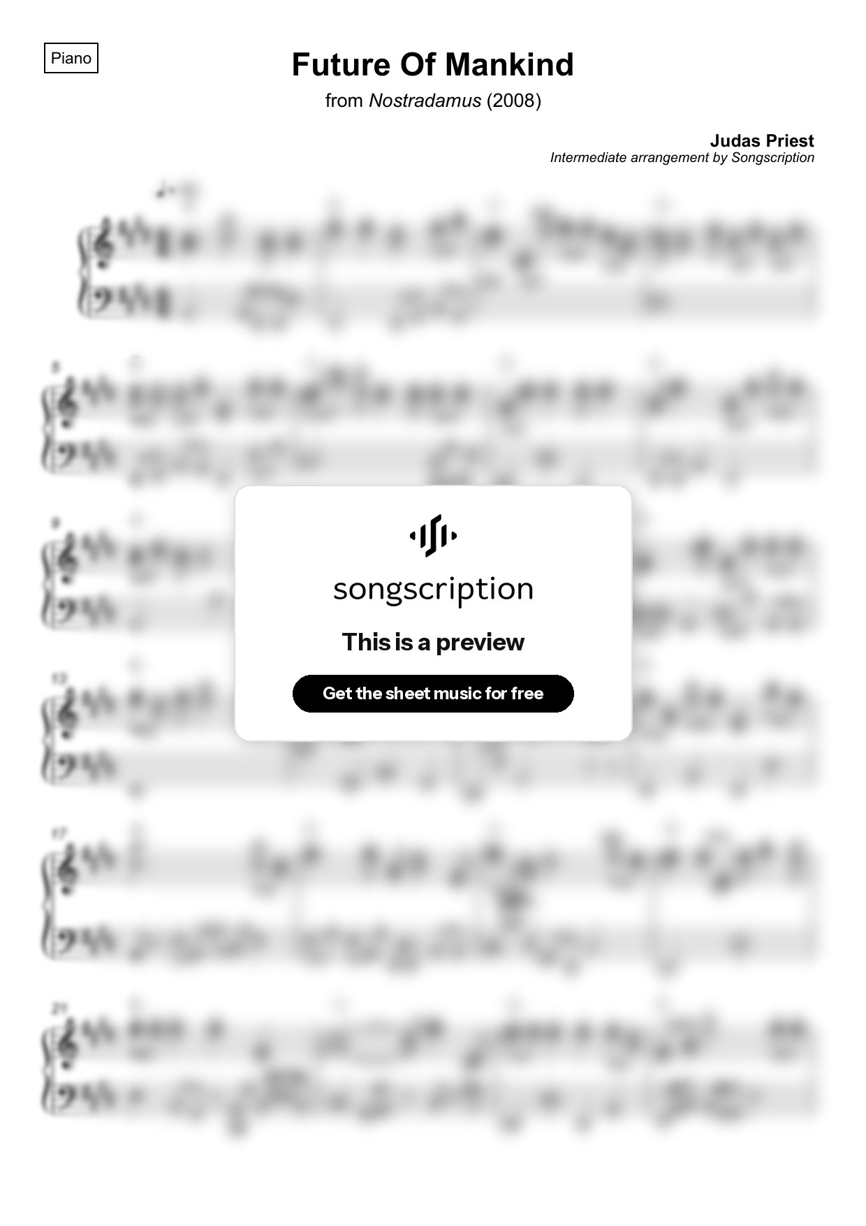 Intermediate Piano Sheet Music for "Future Of Mankind" by Judas Priest
