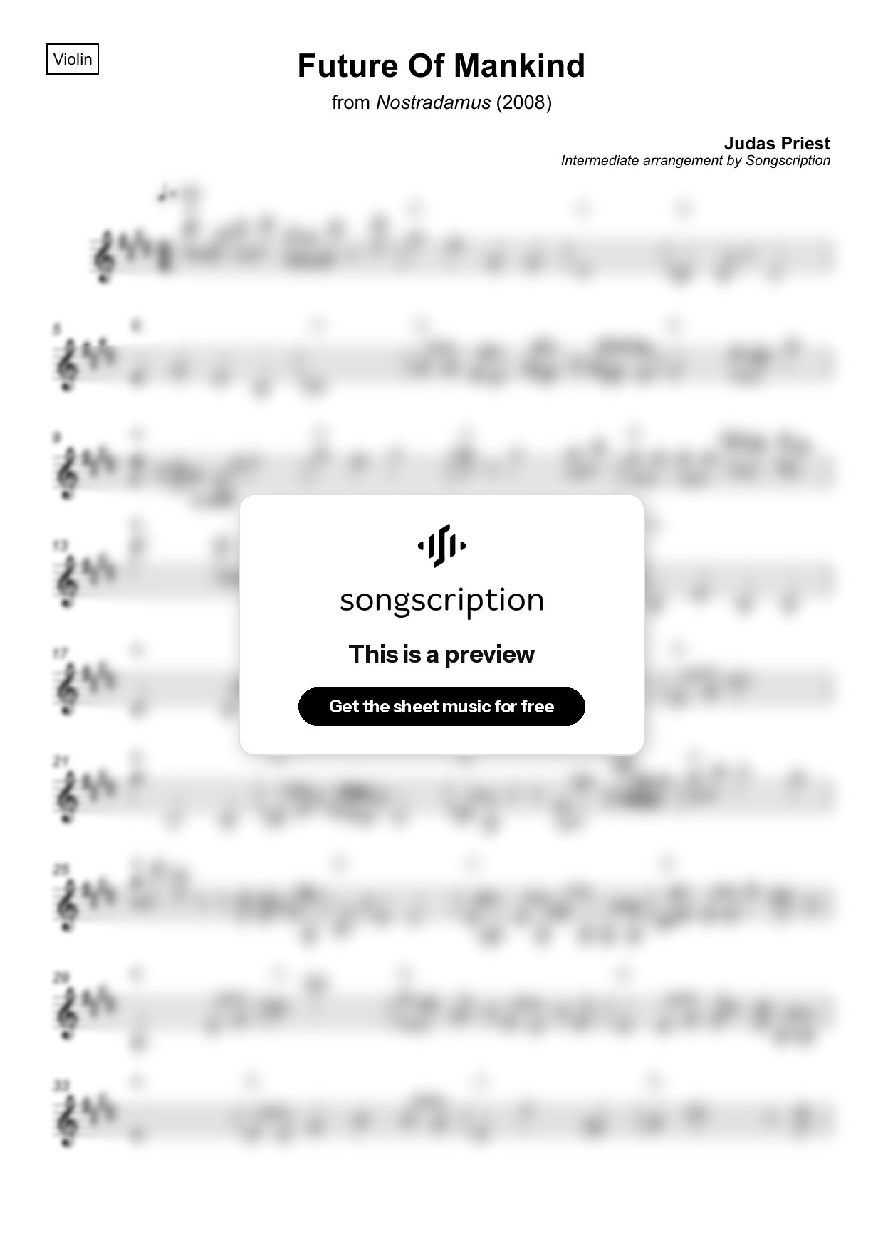 Intermediate Violin Sheet Music for "Future Of Mankind" by Judas Priest