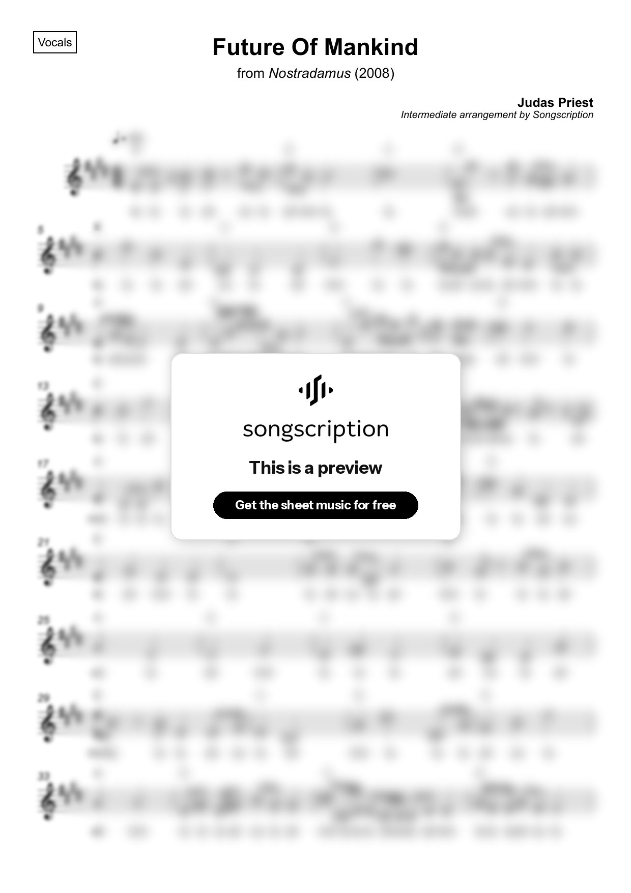 Intermediate Vocals Sheet Music for "Future Of Mankind" by Judas Priest
