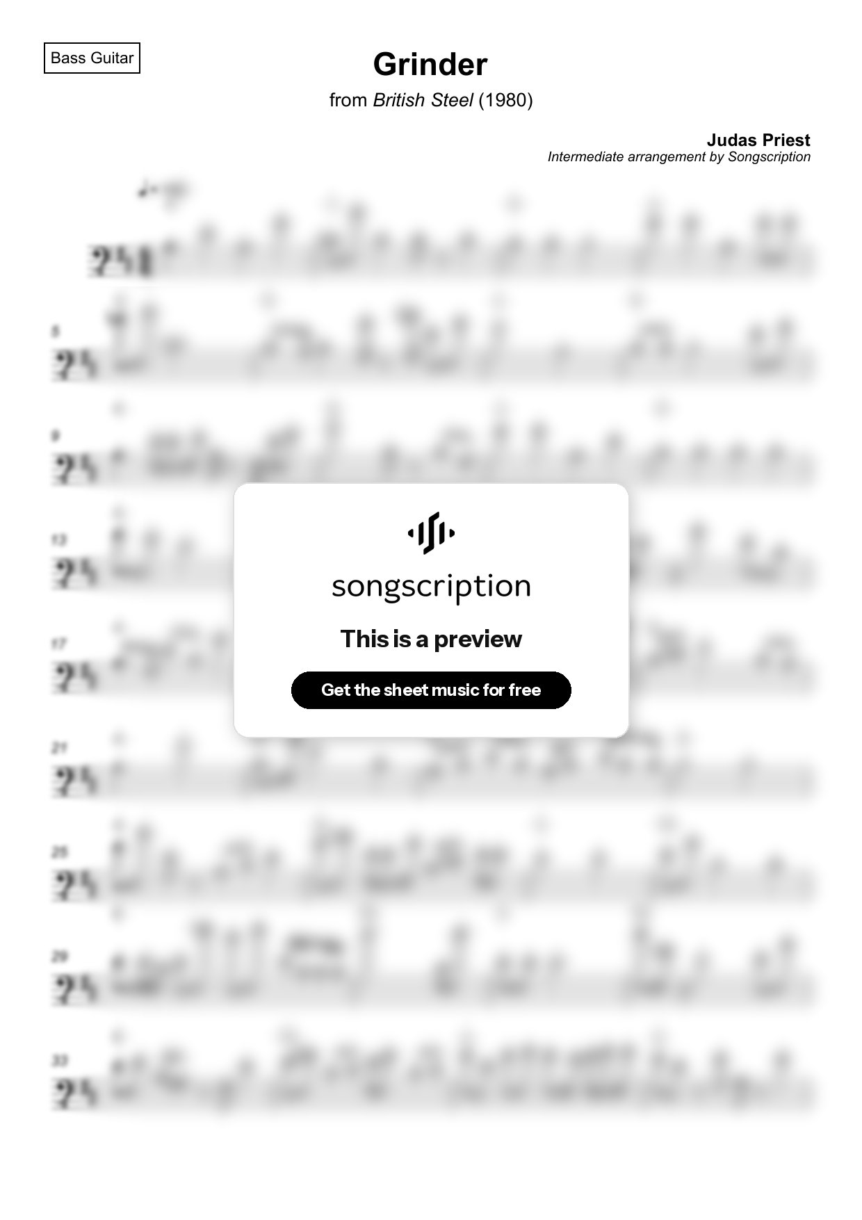 Intermediate Bass Guitar Sheet Music for "Grinder" by Judas Priest
