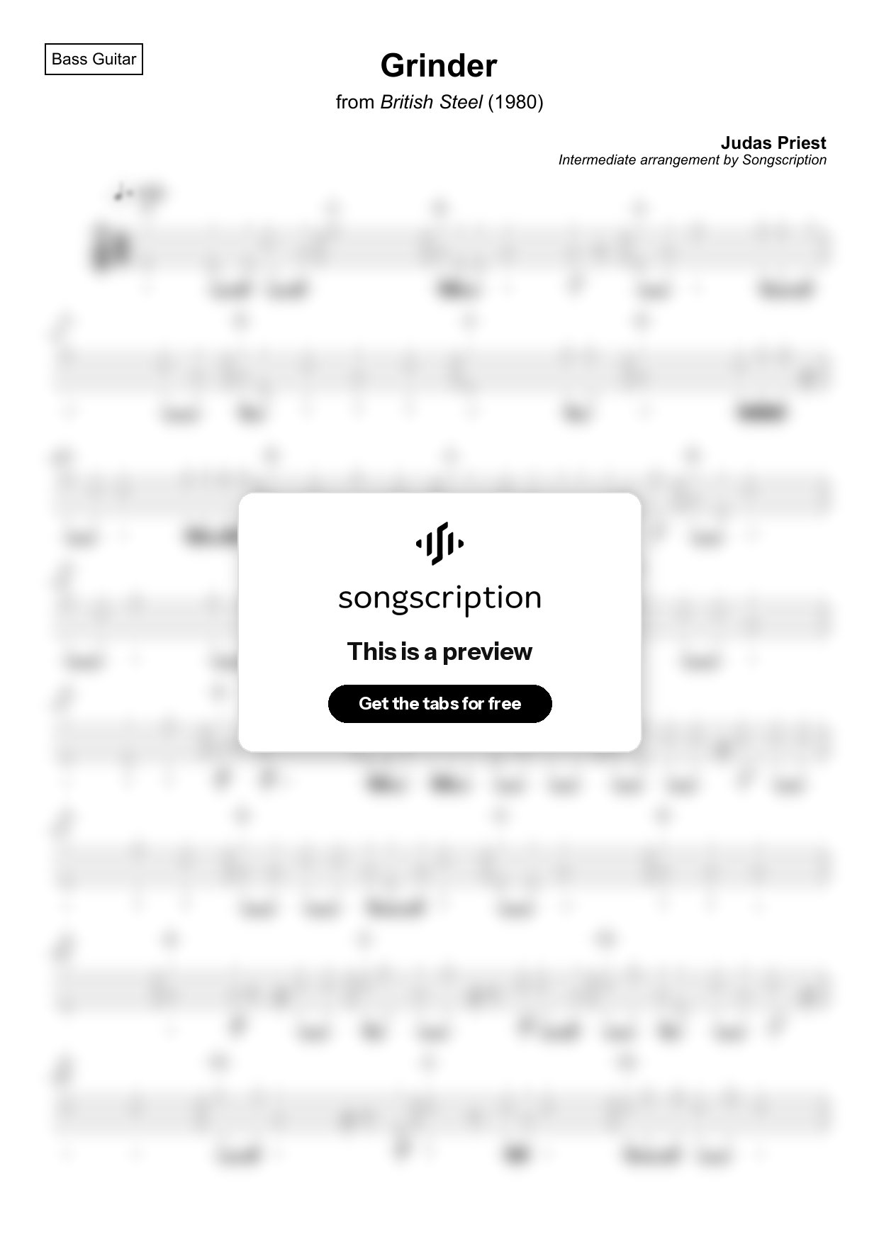 Intermediate Bass Guitar Tabs for "Grinder" by Judas Priest