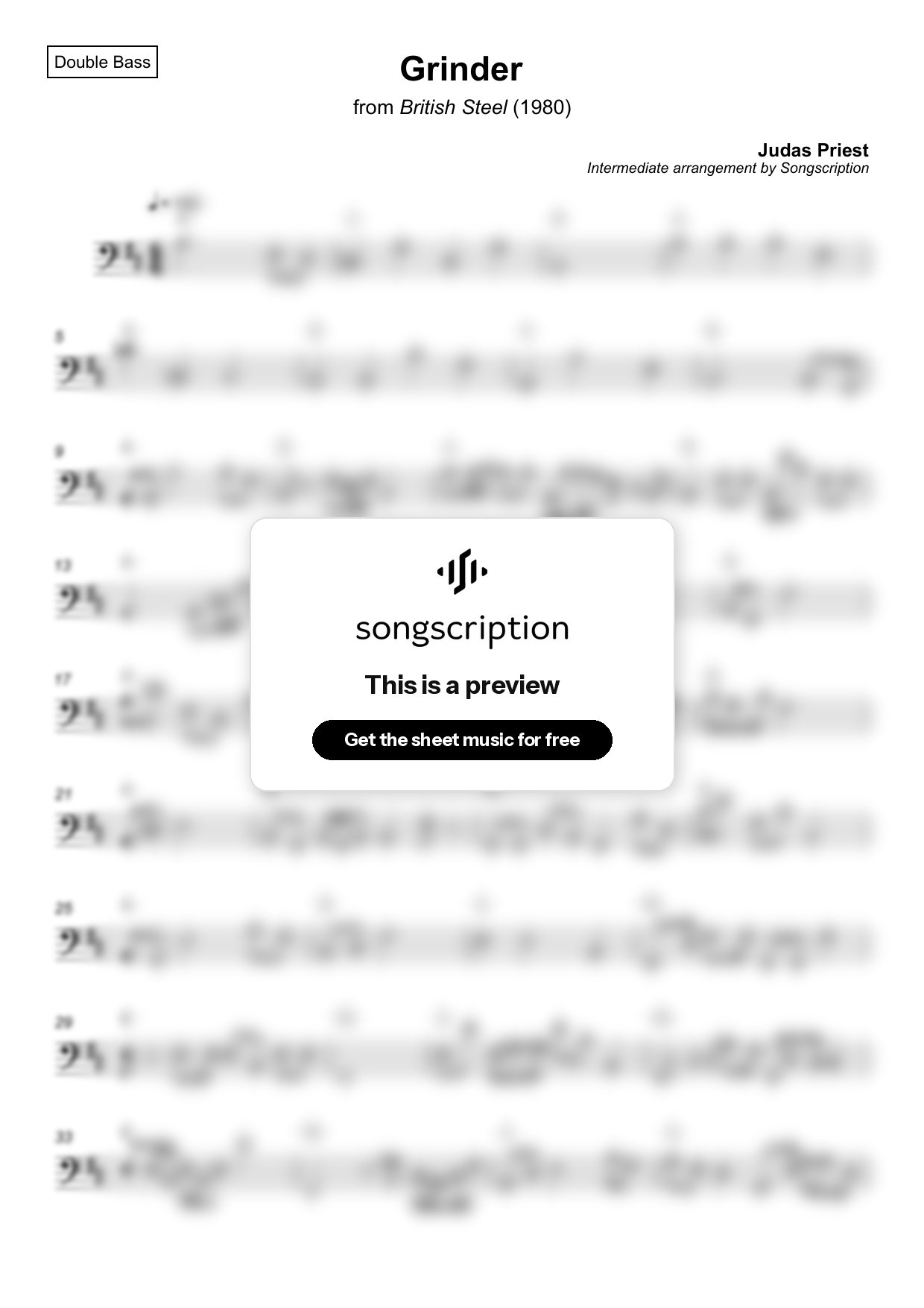 Intermediate Double Bass Sheet Music for "Grinder" by Judas Priest