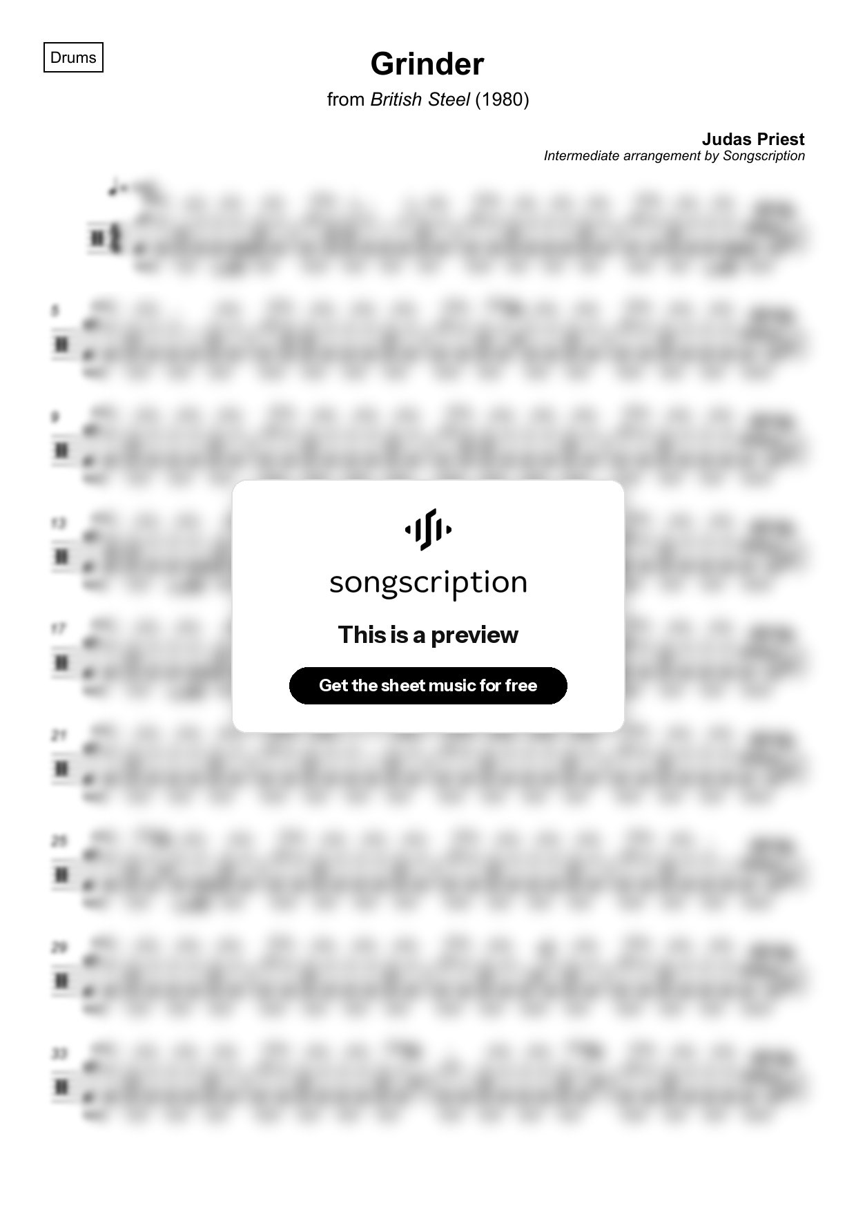 Intermediate Drums Sheet Music for "Grinder" by Judas Priest