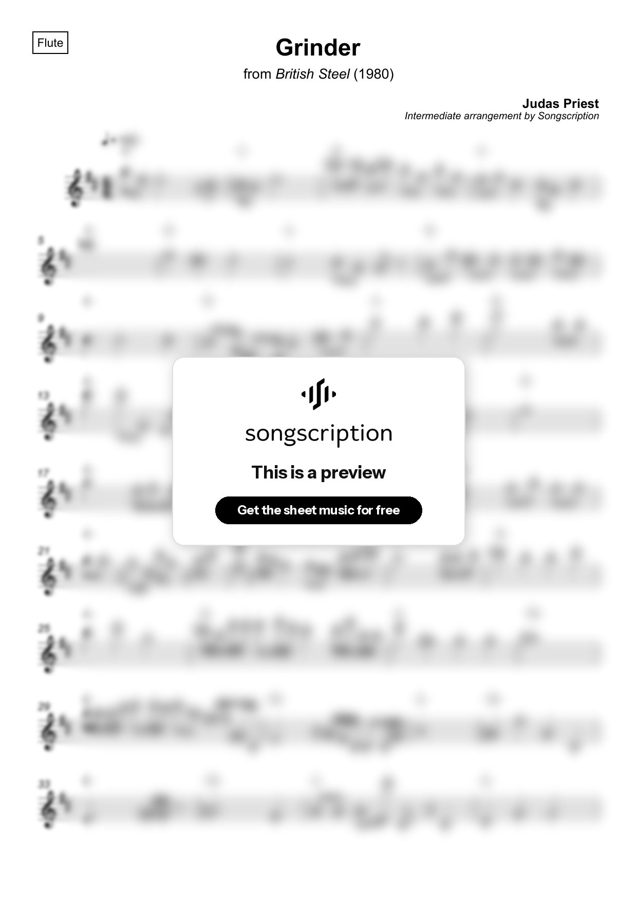 Intermediate Flute Sheet Music for "Grinder" by Judas Priest