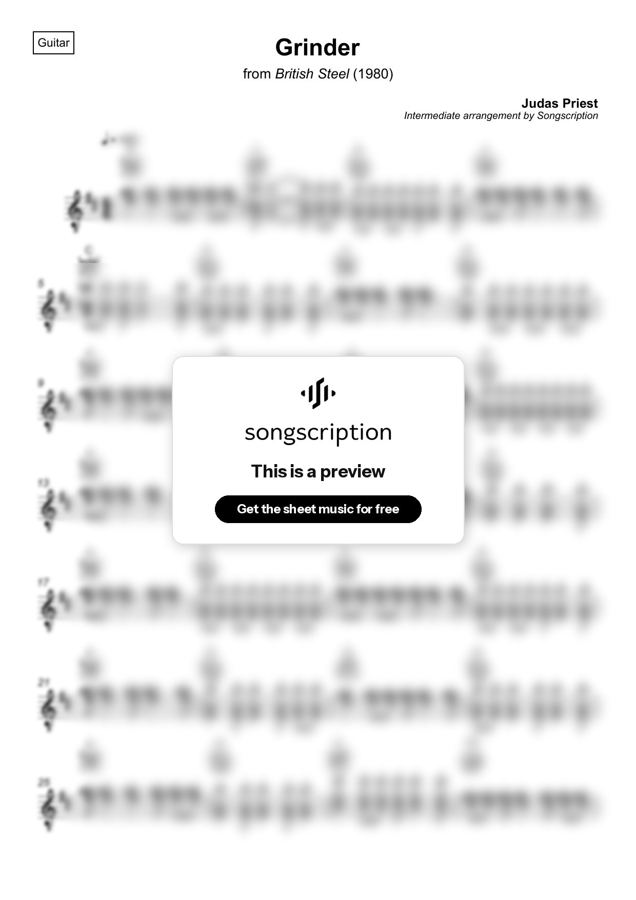 Intermediate Acoustic Guitar Sheet Music for "Grinder" by Judas Priest