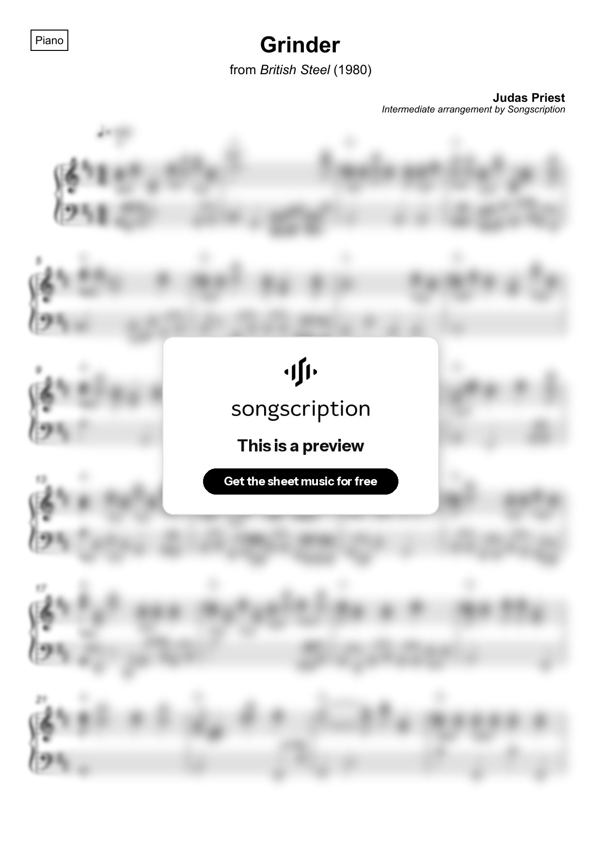 Intermediate Piano Sheet Music for "Grinder" by Judas Priest