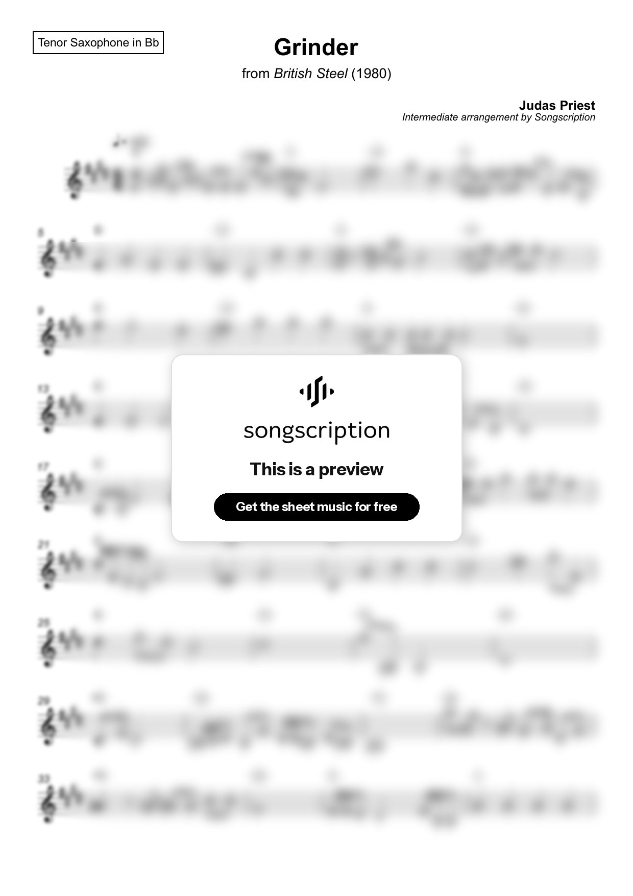 Intermediate Tenor Sax Sheet Music for "Grinder" by Judas Priest