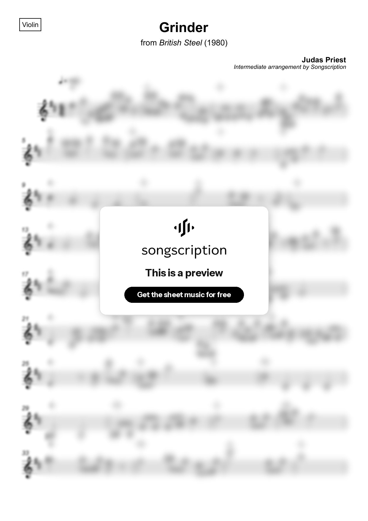Intermediate Violin Sheet Music for "Grinder" by Judas Priest
