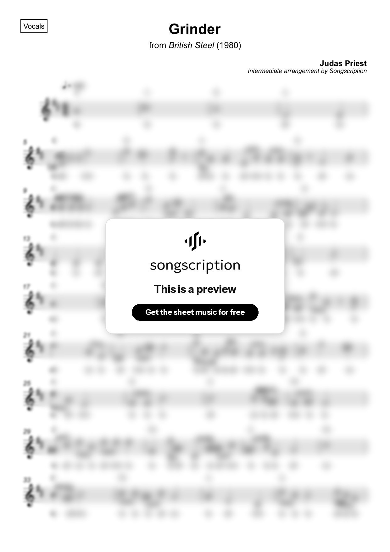 Intermediate Vocals Sheet Music for "Grinder" by Judas Priest