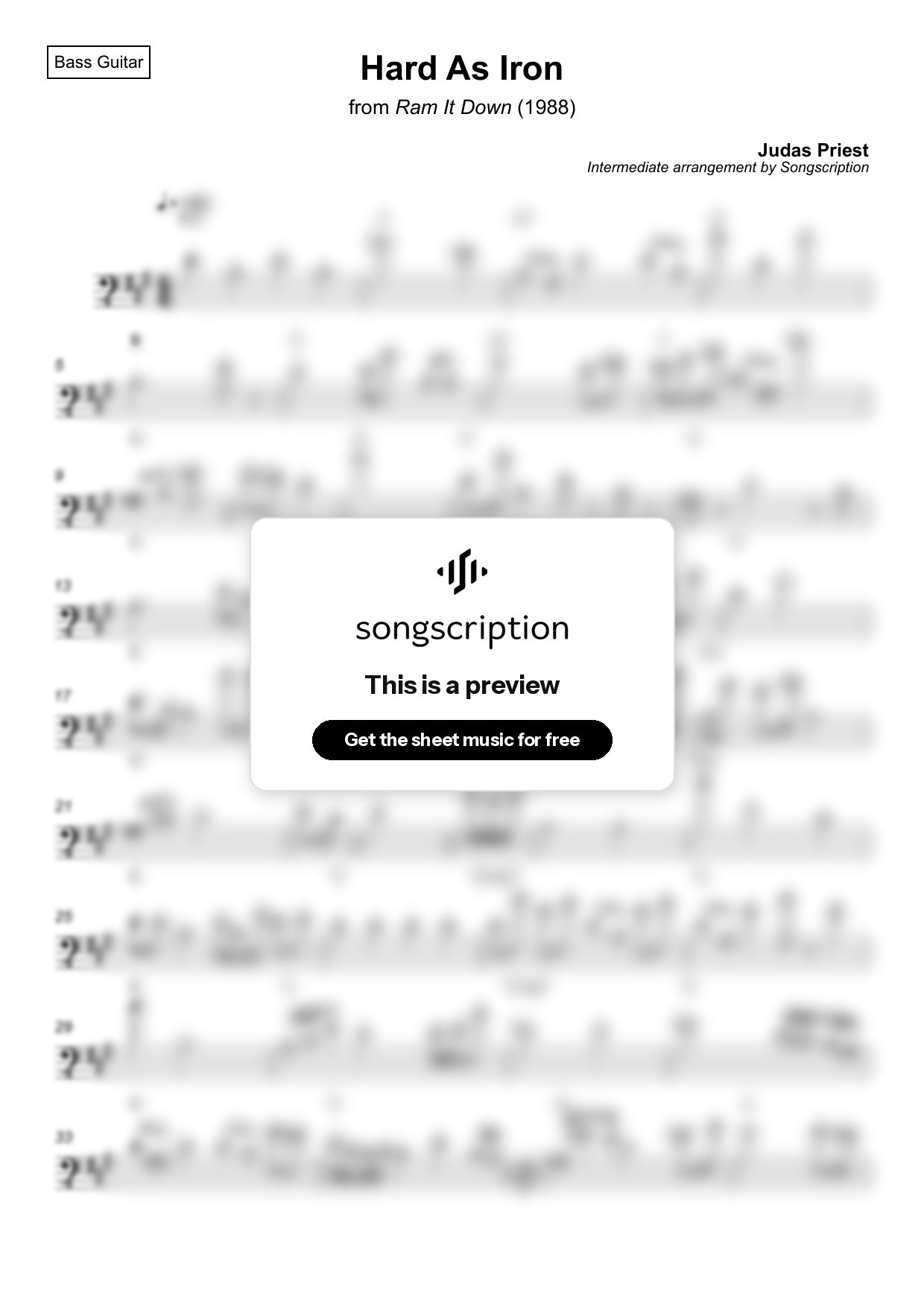 Intermediate Bass Guitar Sheet Music for "Hard As Iron" by Judas Priest