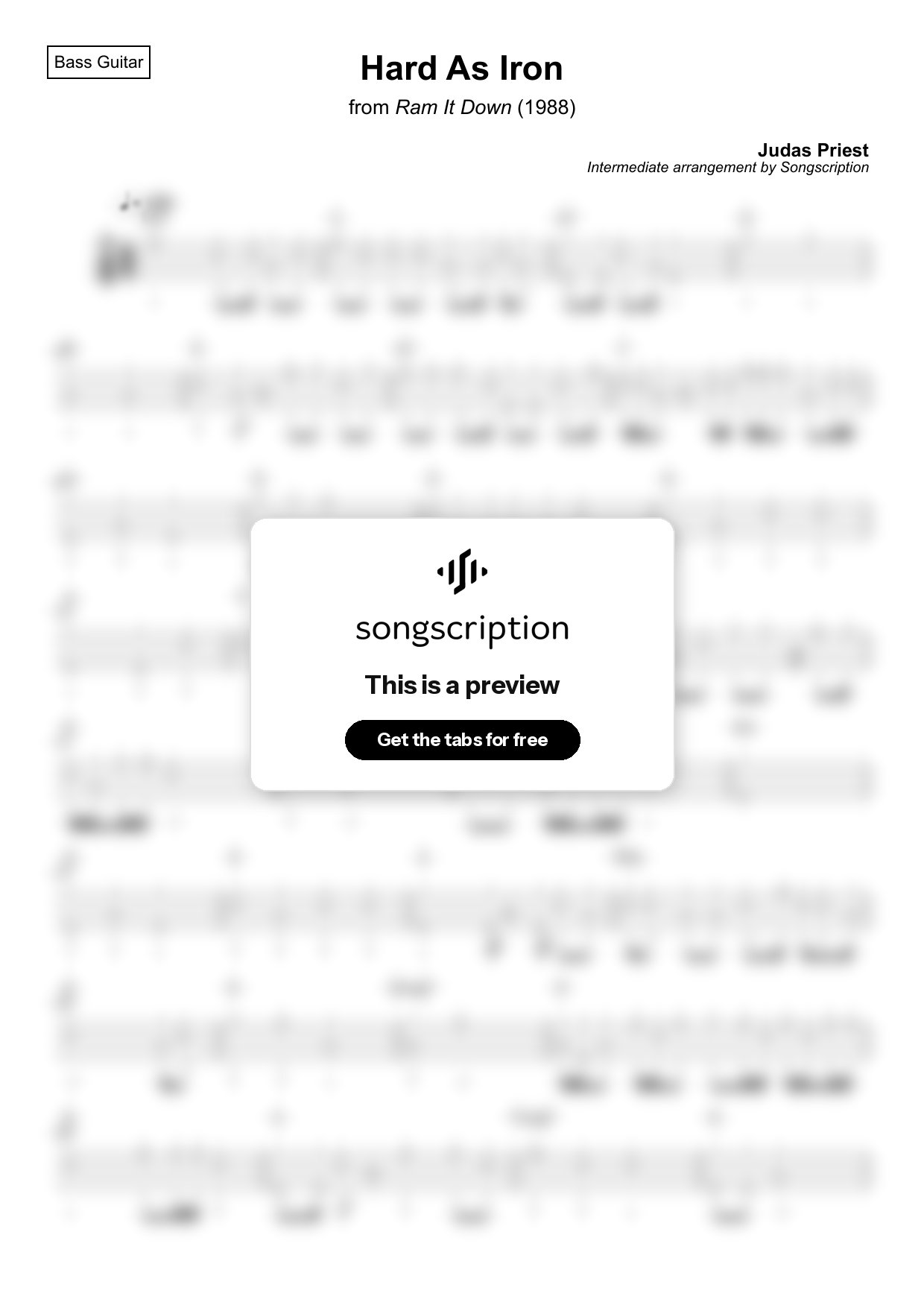 Intermediate Bass Guitar Tabs for "Hard As Iron" by Judas Priest