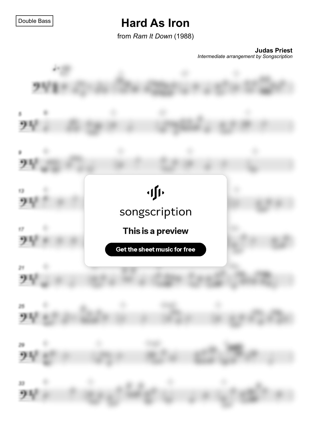 Intermediate Double Bass Sheet Music for "Hard As Iron" by Judas Priest