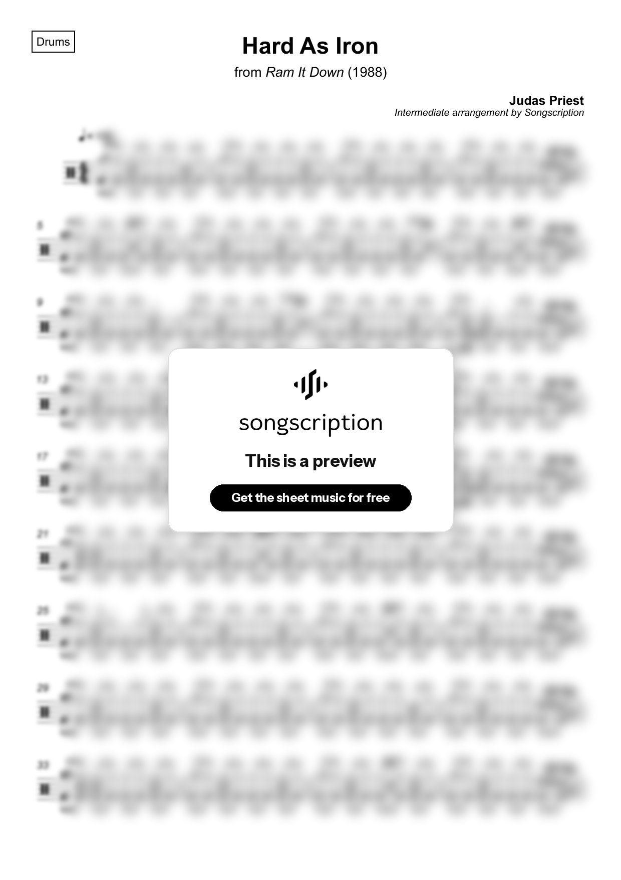 Intermediate Drums Sheet Music for "Hard As Iron" by Judas Priest