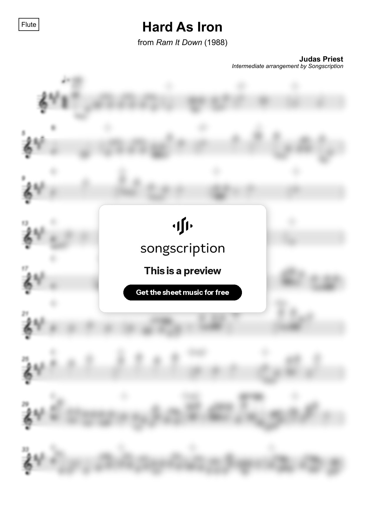 Intermediate Flute Sheet Music for "Hard As Iron" by Judas Priest