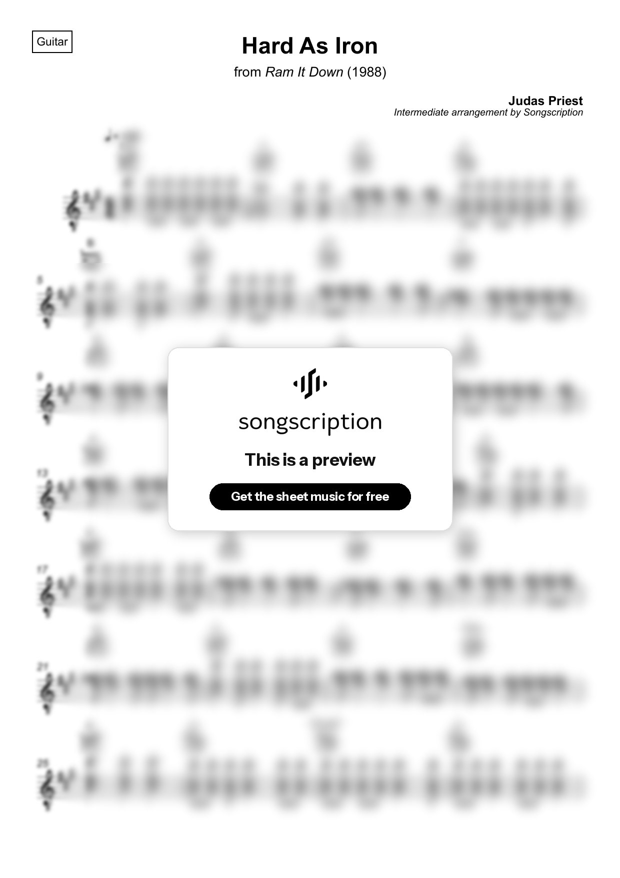 Intermediate Acoustic Guitar Sheet Music for "Hard As Iron" by Judas Priest