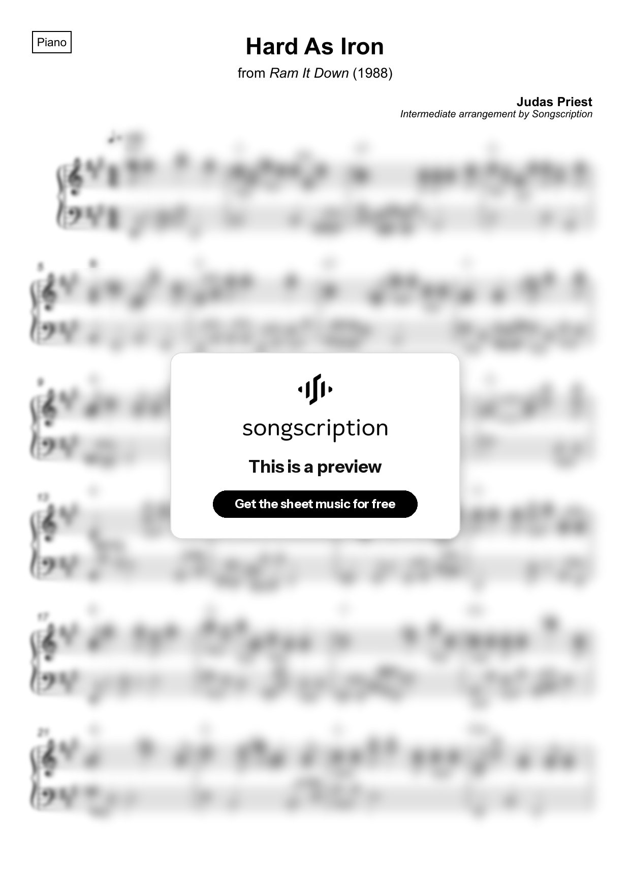 Intermediate Piano Sheet Music for "Hard As Iron" by Judas Priest