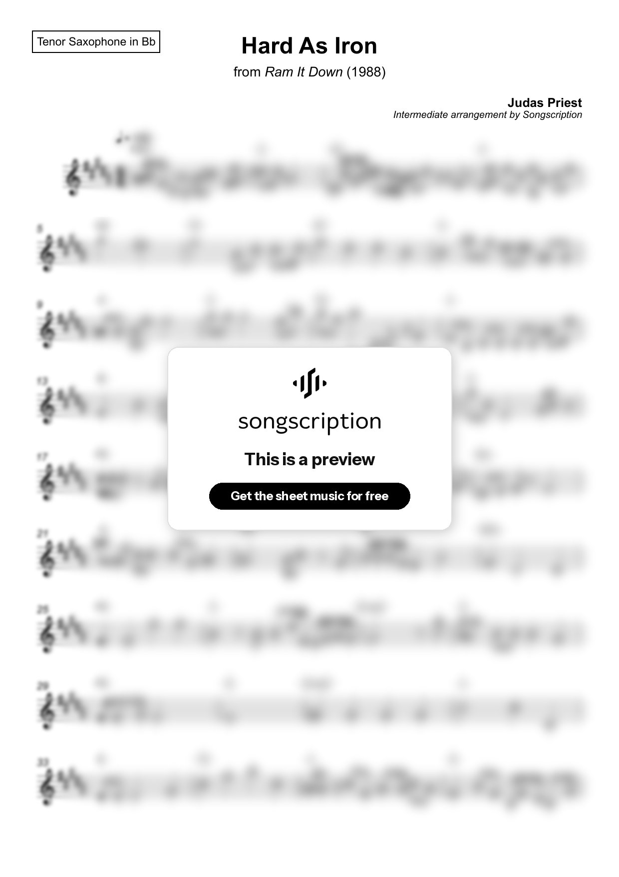 Intermediate Tenor Sax Sheet Music for "Hard As Iron" by Judas Priest