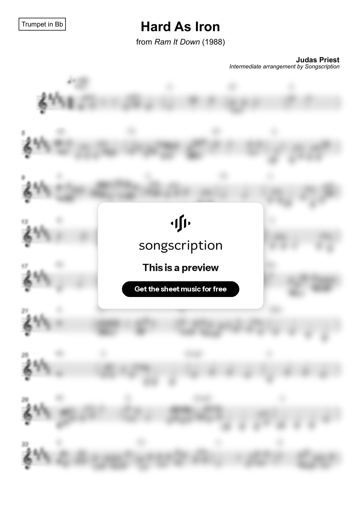 Intermediate Trumpet Sheet Music for "Hard As Iron" by Judas Priest