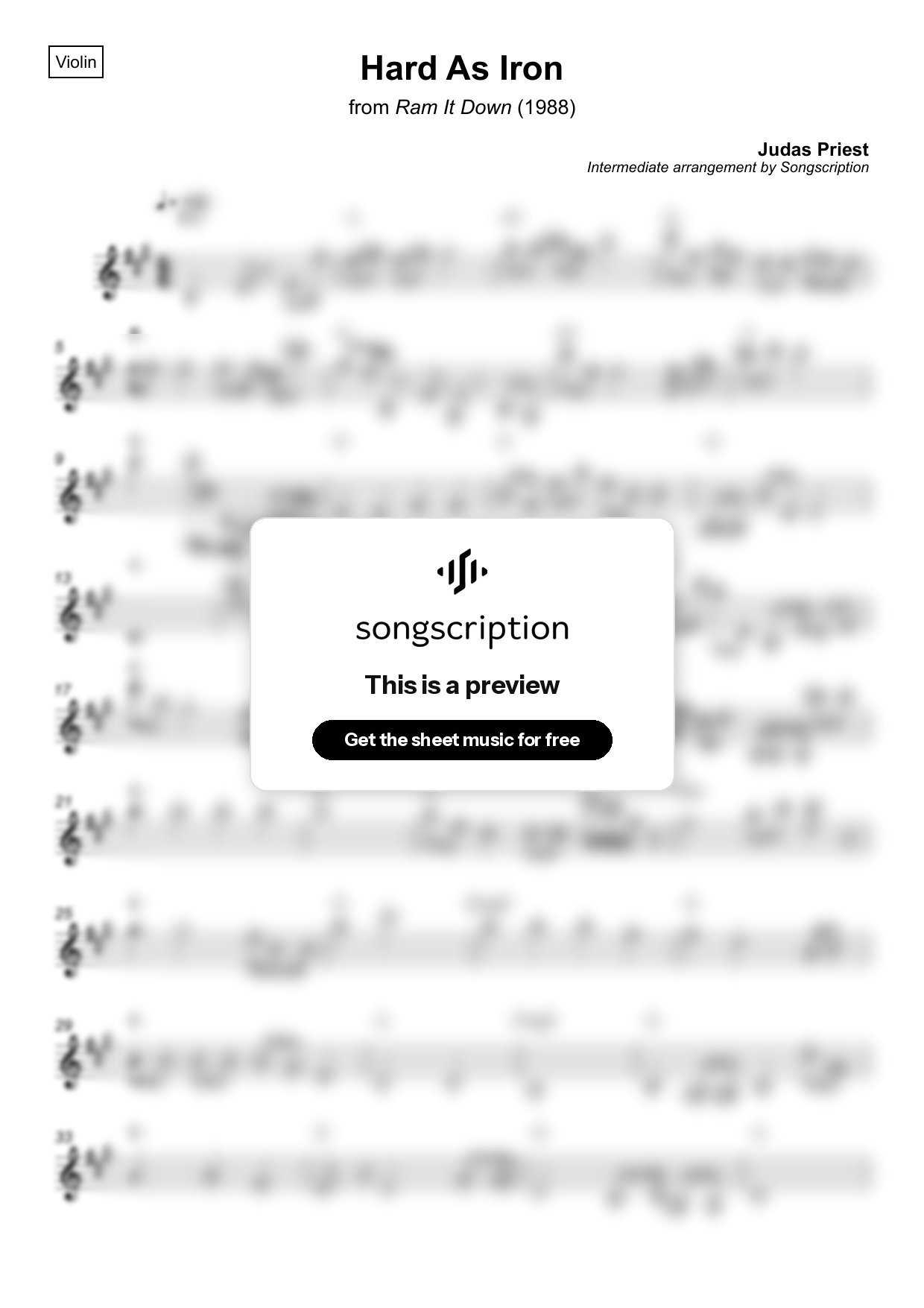 Intermediate Violin Sheet Music for "Hard As Iron" by Judas Priest