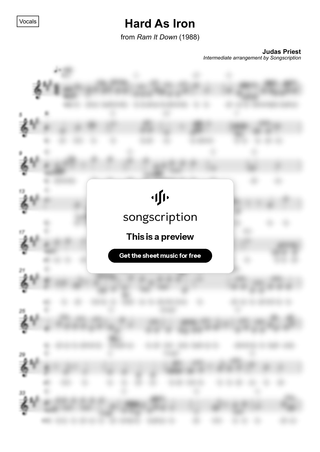 Intermediate Vocals Sheet Music for "Hard As Iron" by Judas Priest