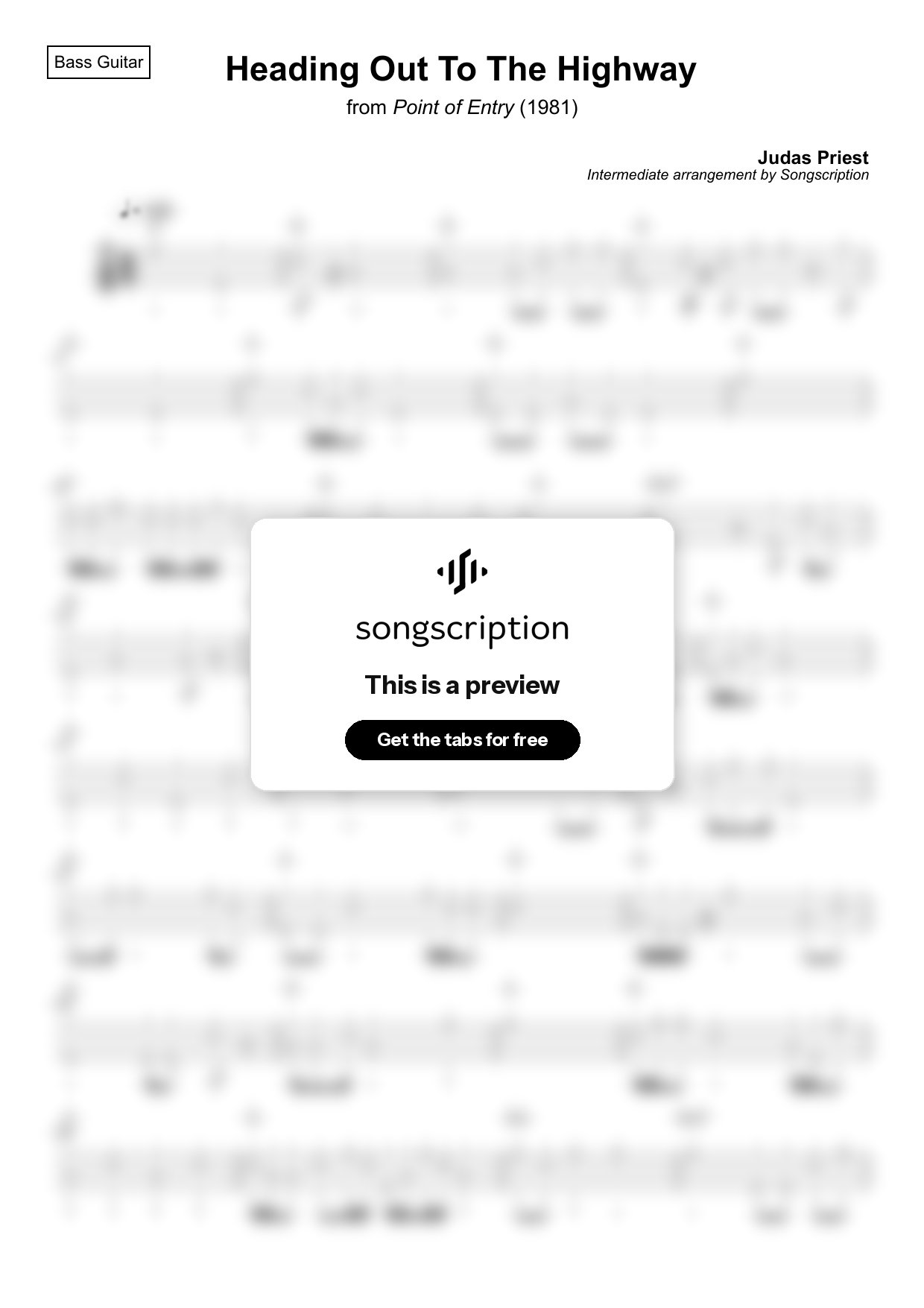 Intermediate Bass Guitar Tabs for "Heading Out To The Highway" by Judas Priest
