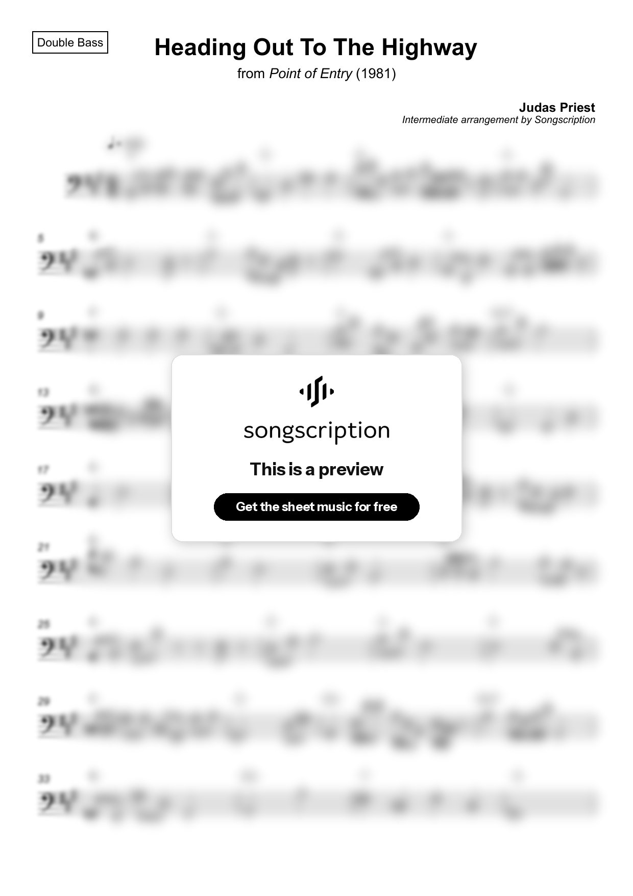 Intermediate Double Bass Sheet Music for "Heading Out To The Highway" by Judas Priest