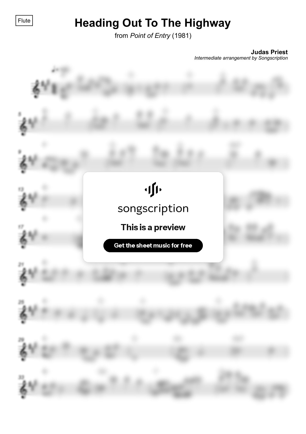 Intermediate Flute Sheet Music for "Heading Out To The Highway" by Judas Priest