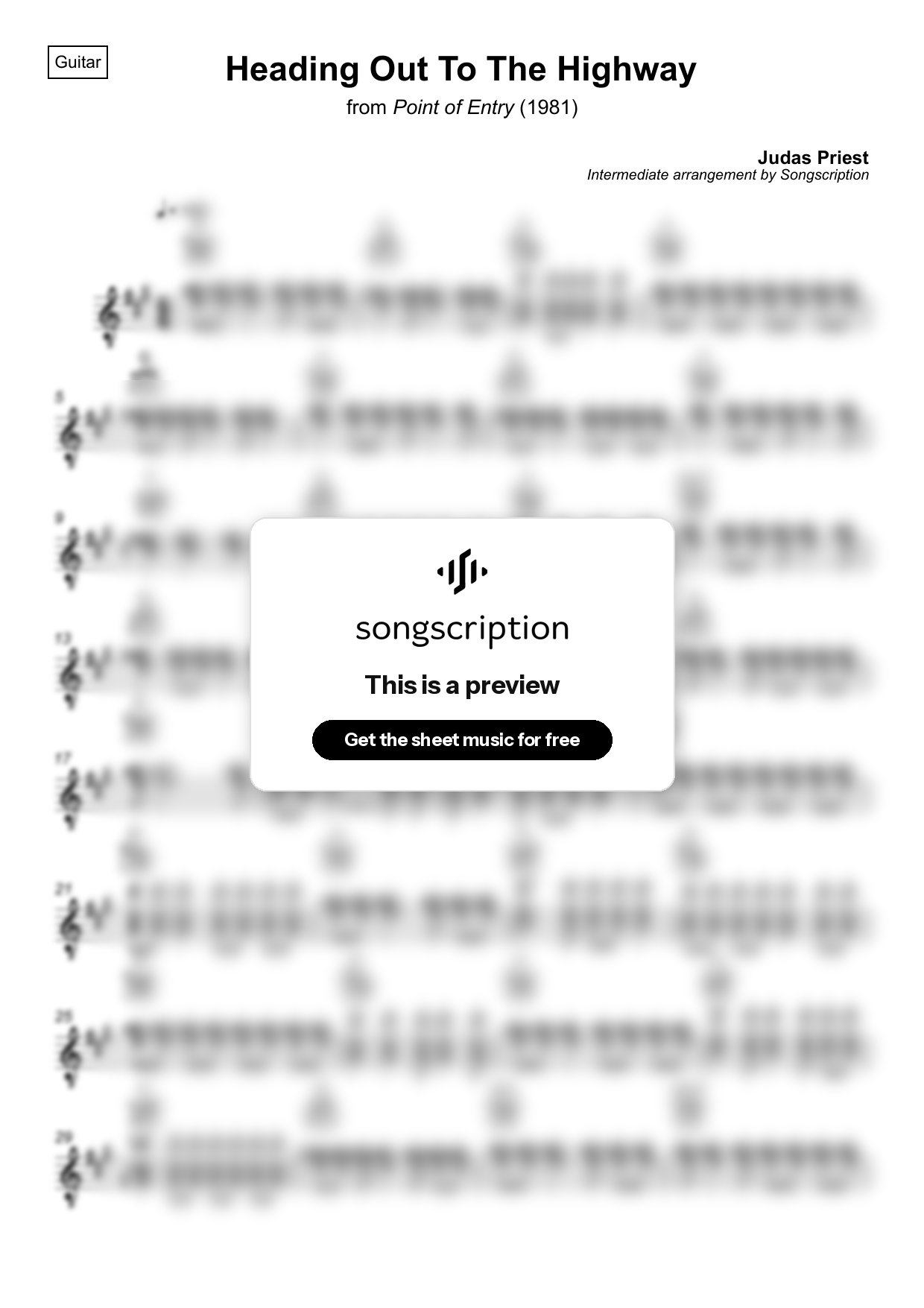 Intermediate Acoustic Guitar Sheet Music for "Heading Out To The Highway" by Judas Priest