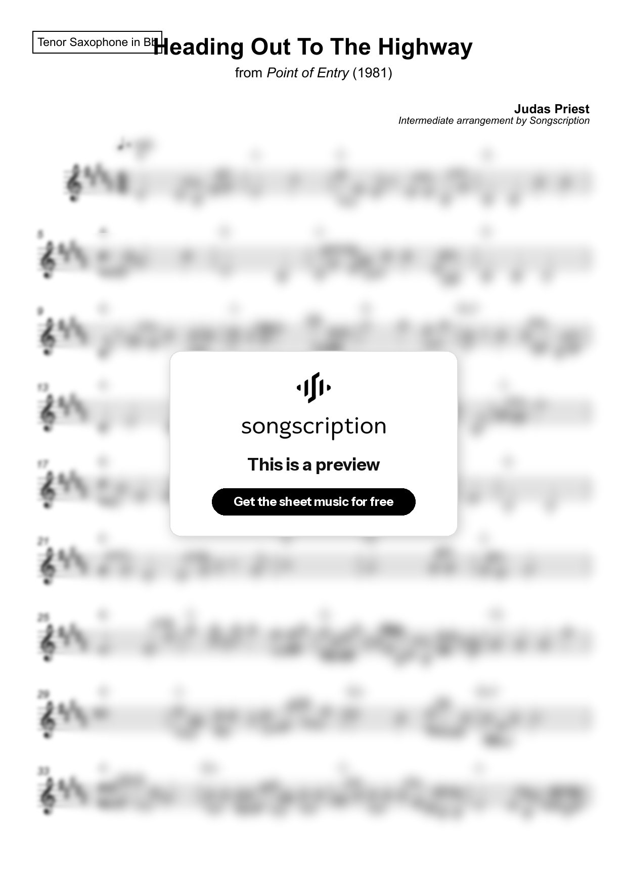 Intermediate Tenor Sax Sheet Music for "Heading Out To The Highway" by Judas Priest