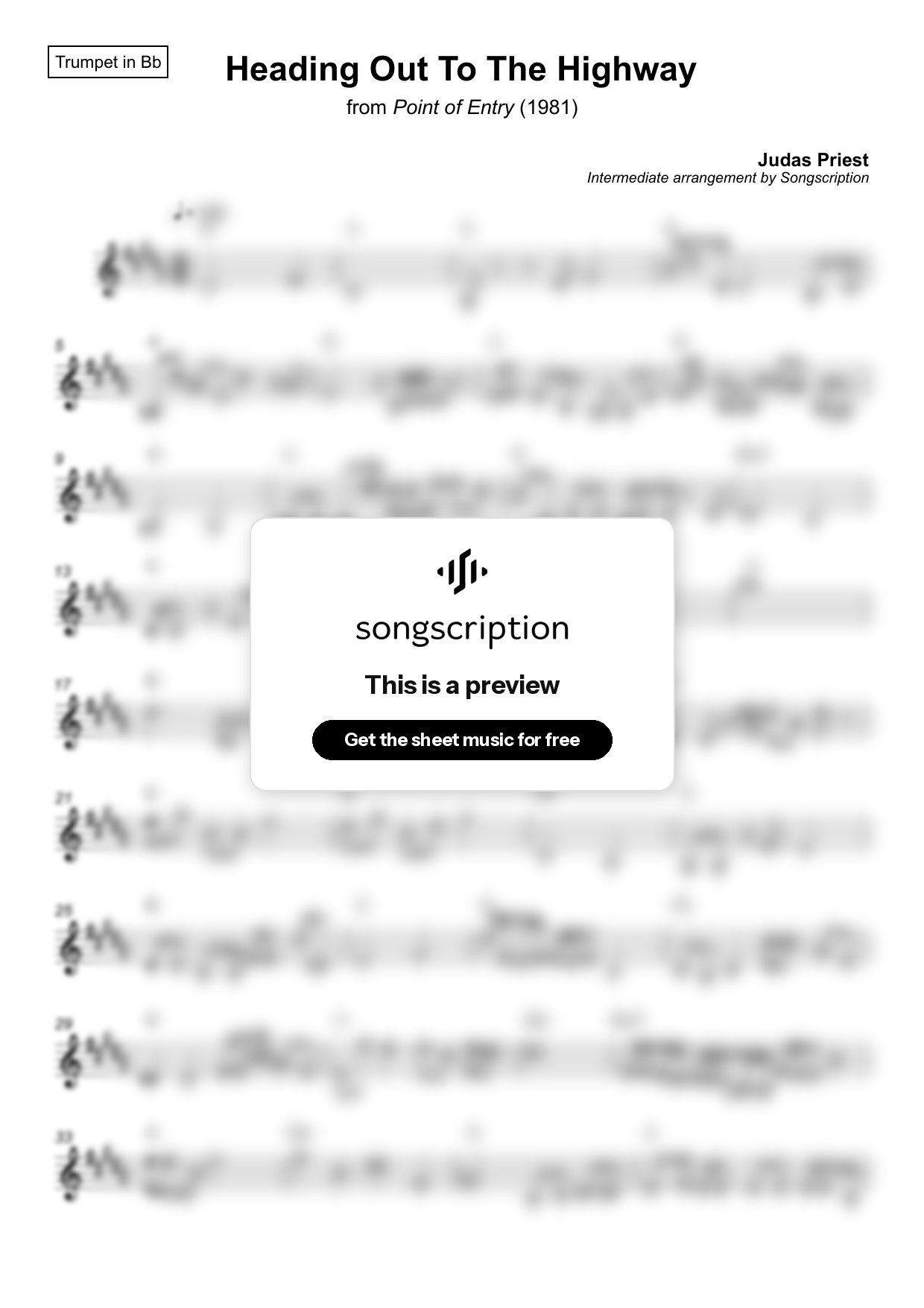 Intermediate Trumpet Sheet Music for "Heading Out To The Highway" by Judas Priest