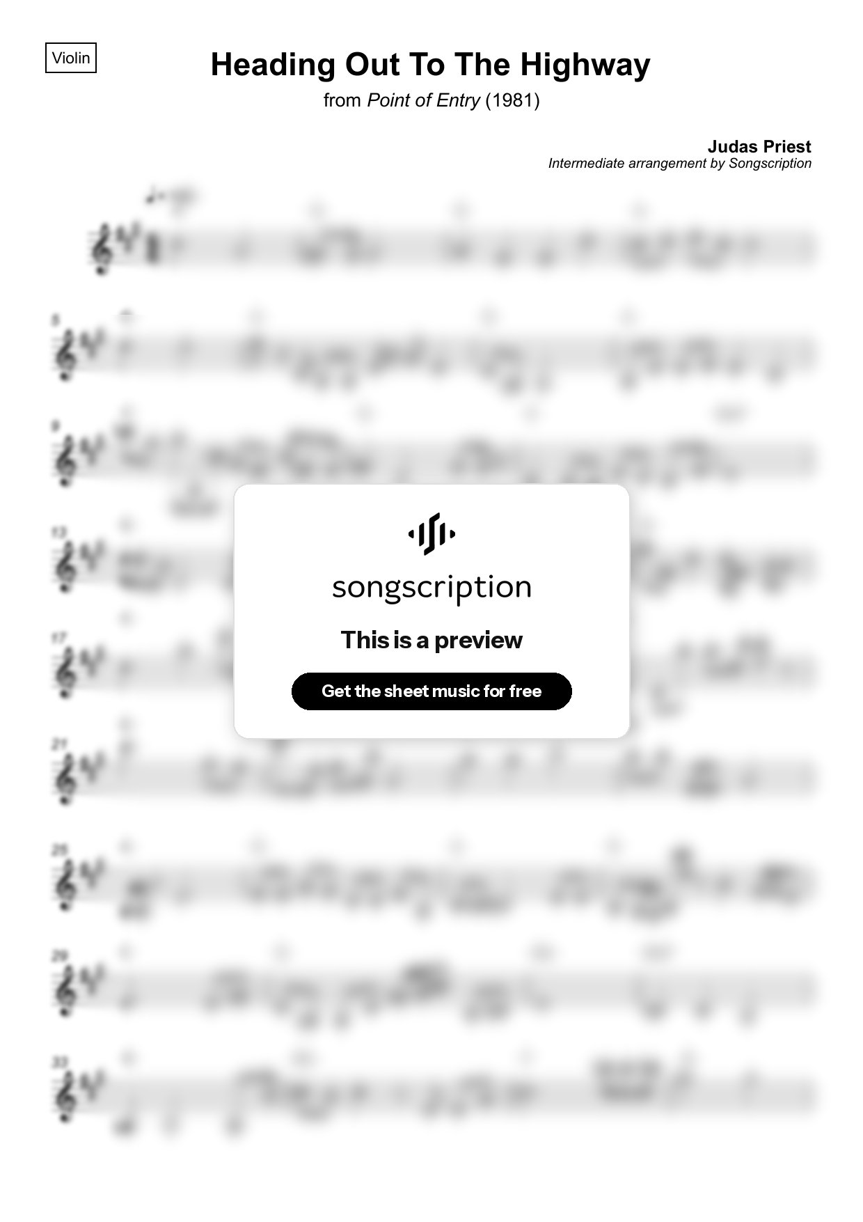 Intermediate Violin Sheet Music for "Heading Out To The Highway" by Judas Priest